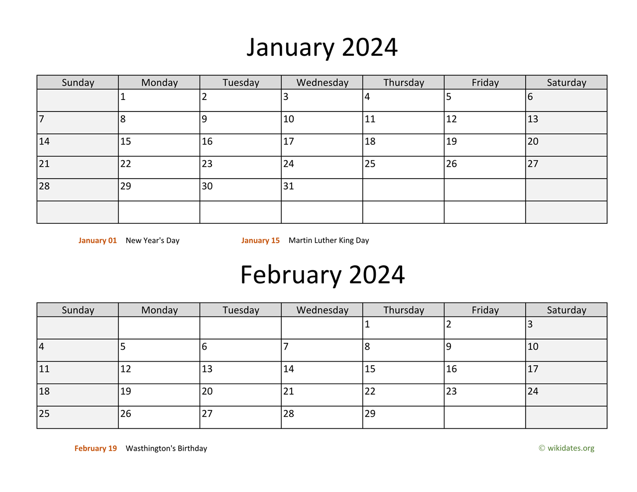 January And February 2024 Calendar | Wikidates for January And February 2024 Calendar Free Printable