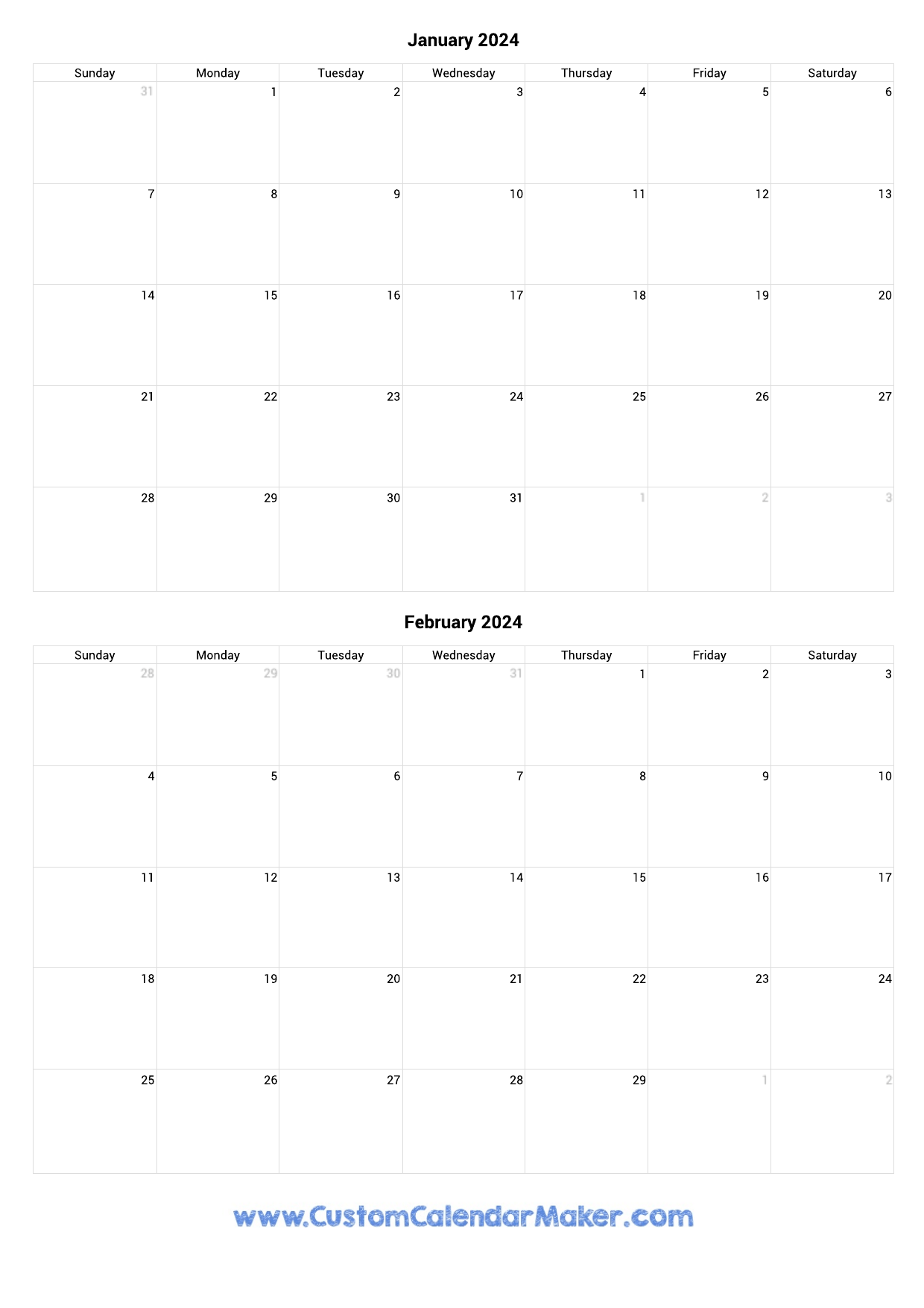 January And February 2024 Printable Calendar Template for Free Printable Calendar January And February 2024