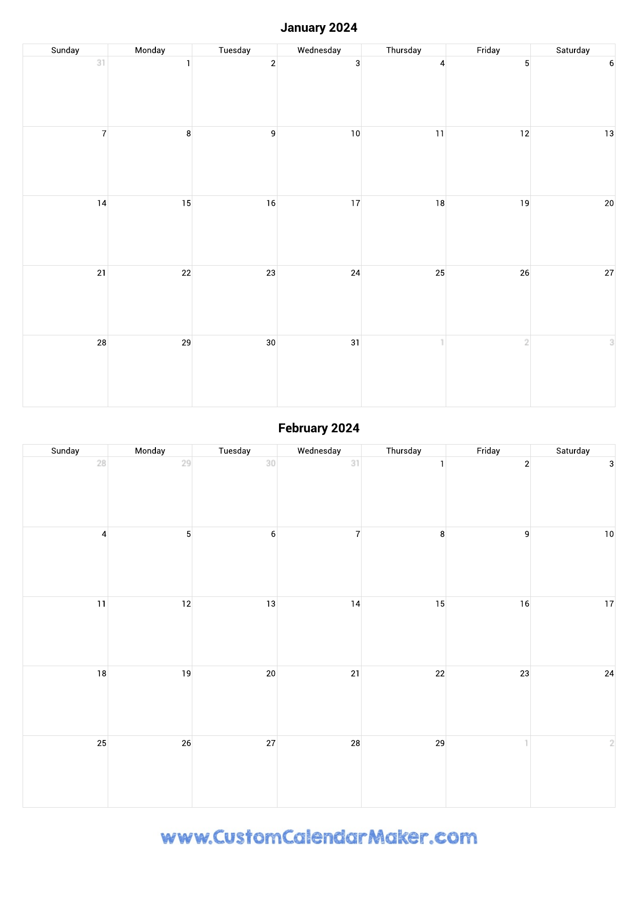 January And February 2024 Printable Calendar Template for January And February 2024 Calendar Printable