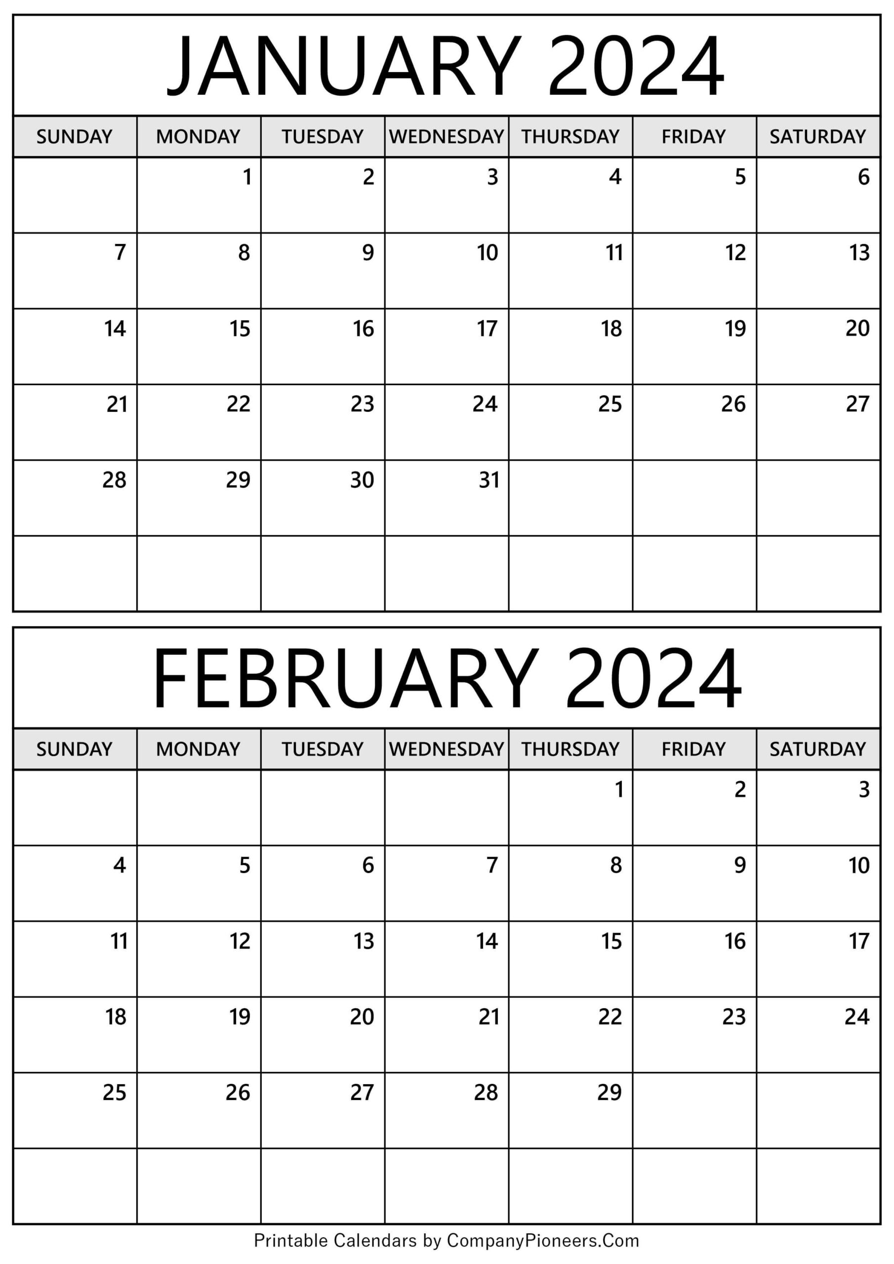 January February 2024 Calendar Printable - Template for January And February 2024 Calendar Free Printable