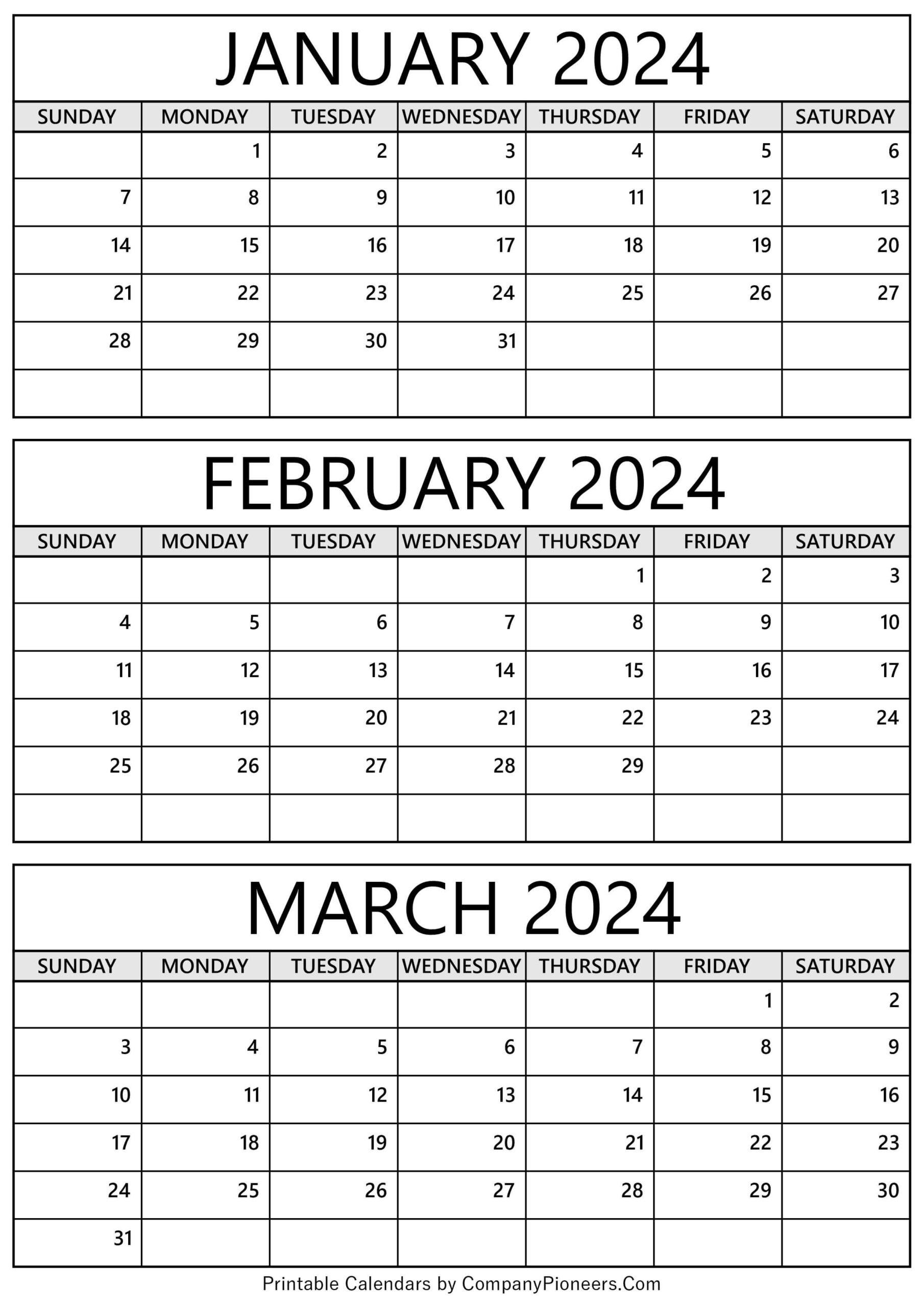 January February March 2024 Calendar Printable - Template for Jan Feb Mar 2024 Calendar Printable