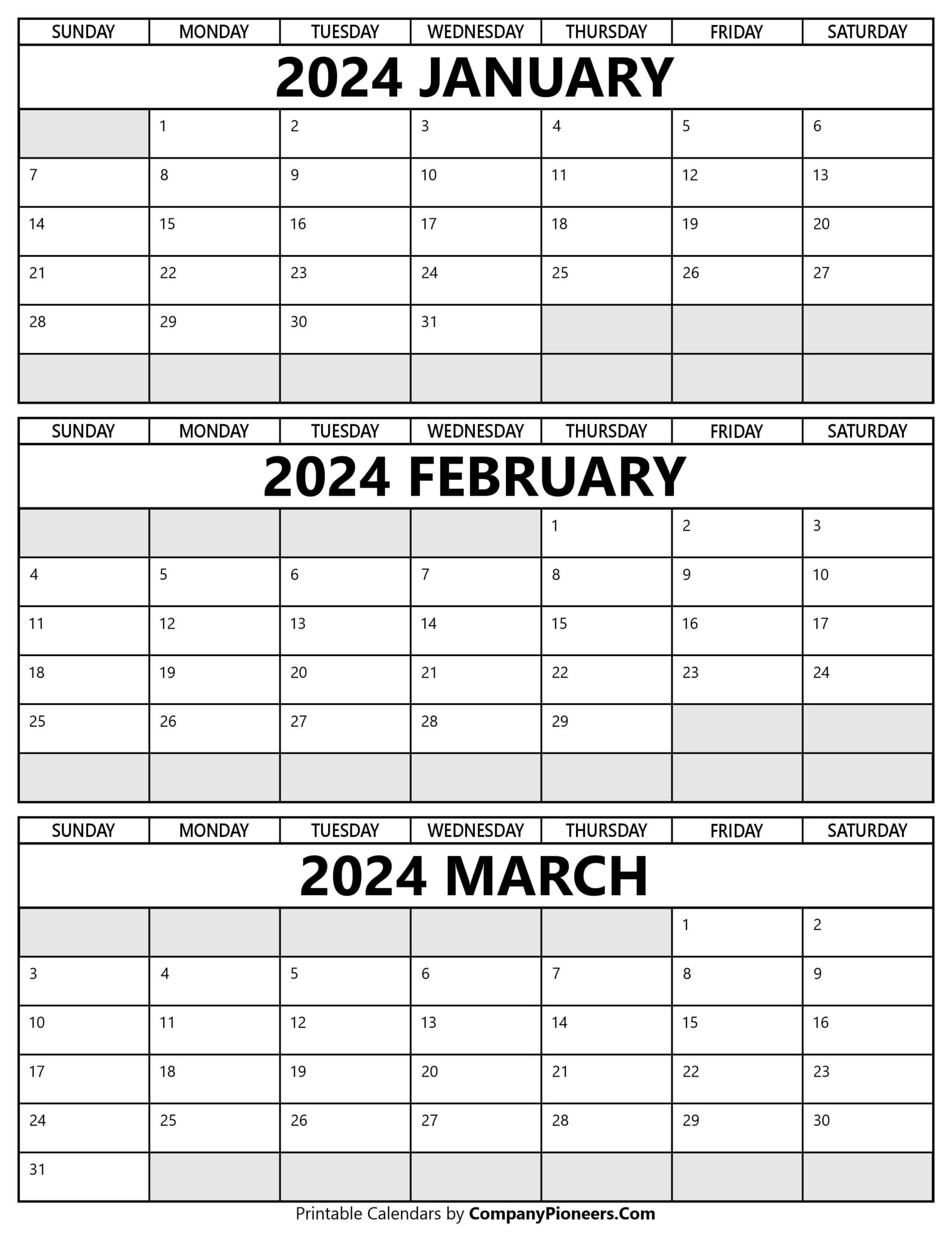 January February March 2024 Calendar Printable - Template for Printable Calendar January February March 2024