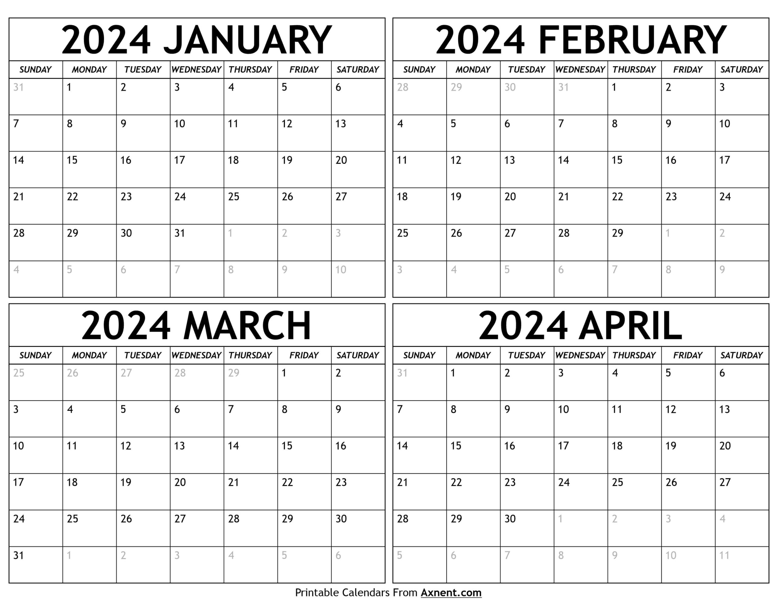 January To April 2024 Calendar Templates - Four Months for 4 Month Printable Calendar 2024
