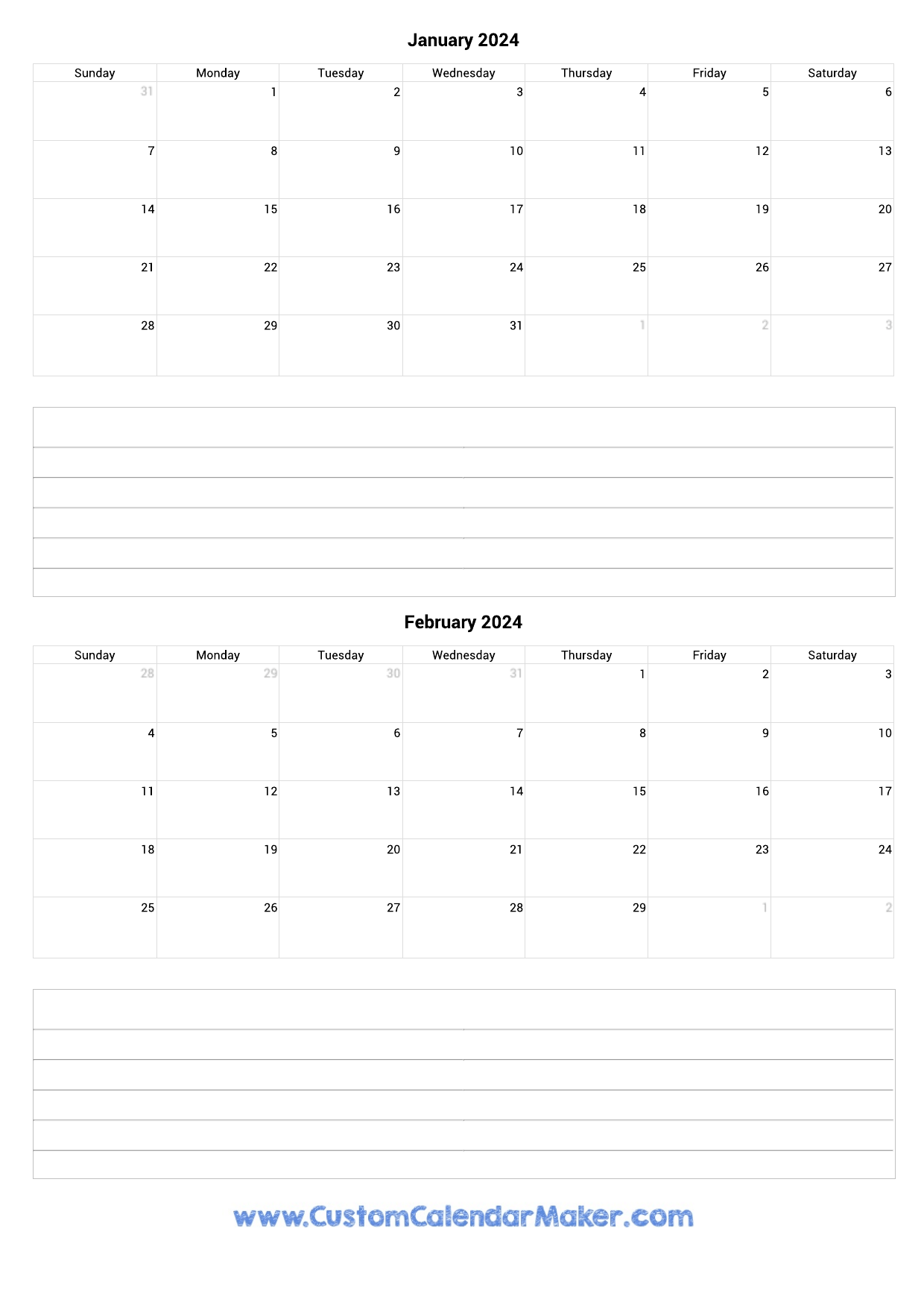 January To February 2024 Calendar Template With Notes for January February 2024 Calendar Printable