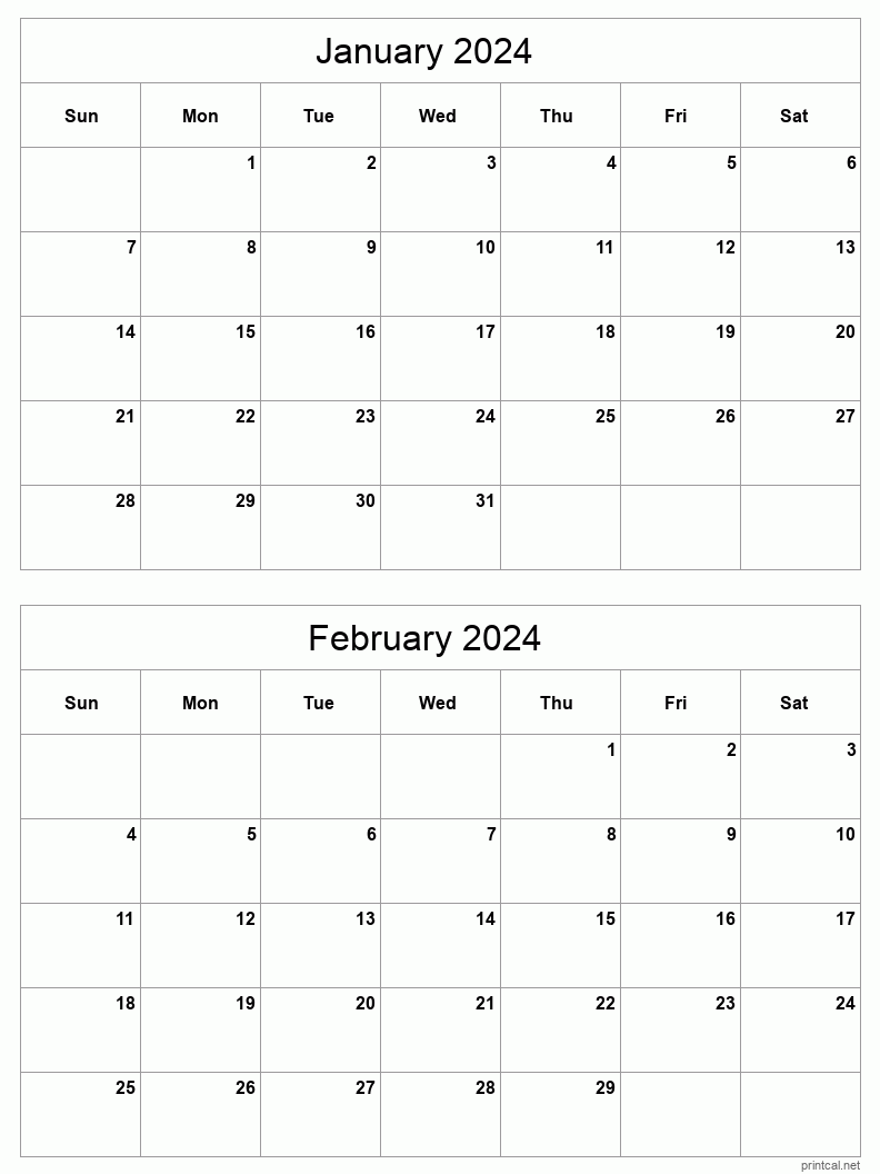 January To February 2024 Printable Calendar | Two Months Per Page for 2024 2 Month Calendar Printable