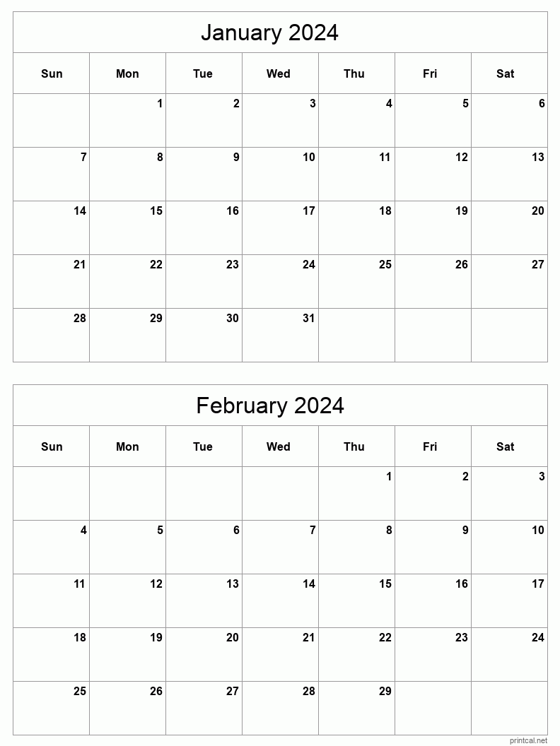 January To February 2024 Printable Calendar | Two Months Per Page for Free Printable Calendar 2024 2 Months Per Page