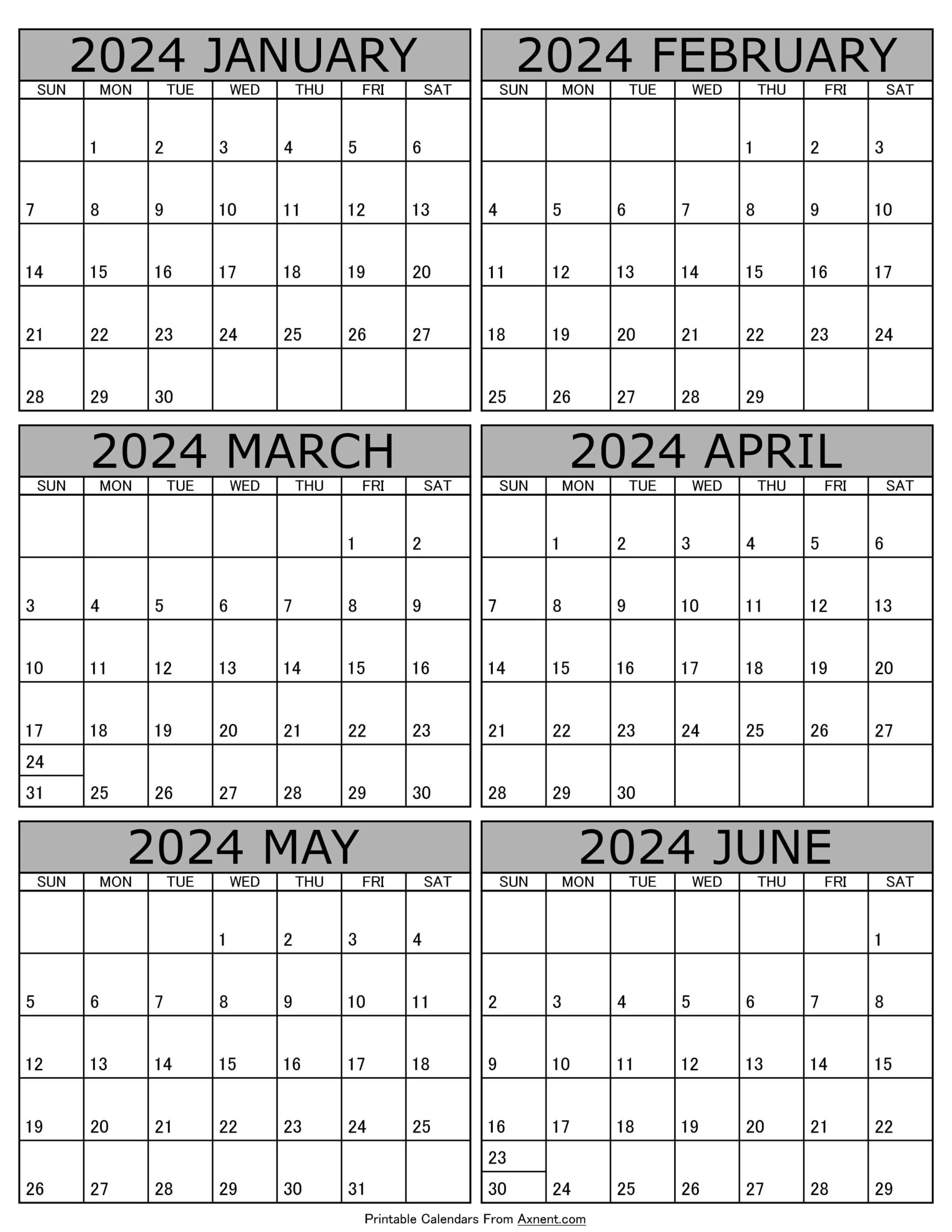 January To June 2024 Calendar Templates - Six Months for 2024 6 Month Calendar Printable