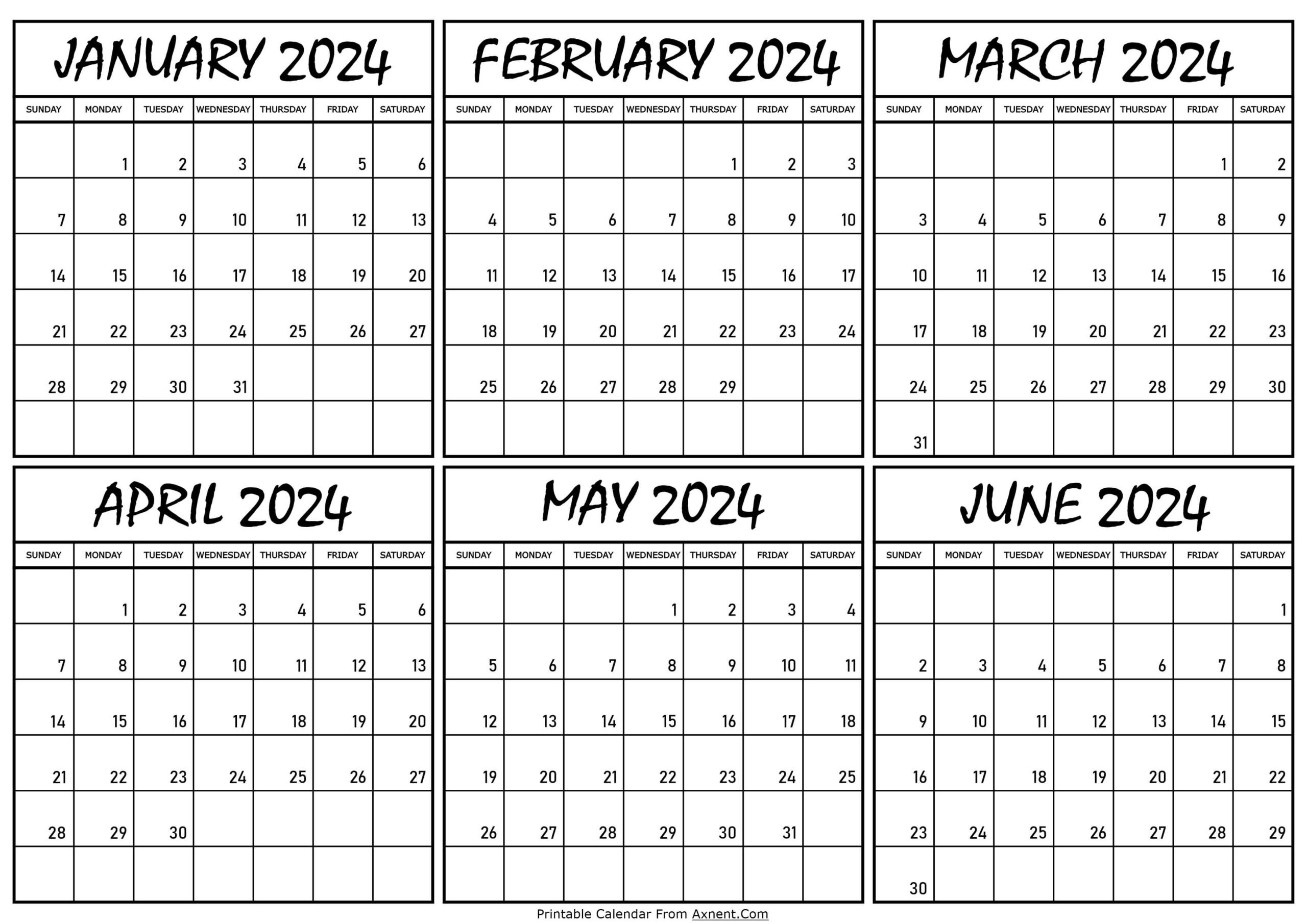 January To June 2024 Calendar Templates - Six Months for 2024 6 Month Printable Calendar