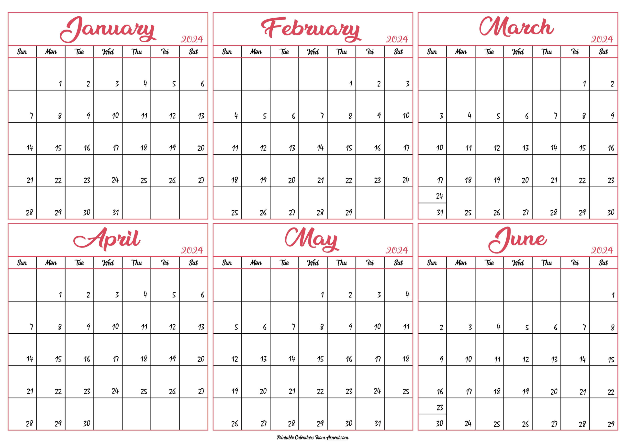 January To June 2024 Calendar Templates - Six Months for 2024 6 Month Printable Calendar