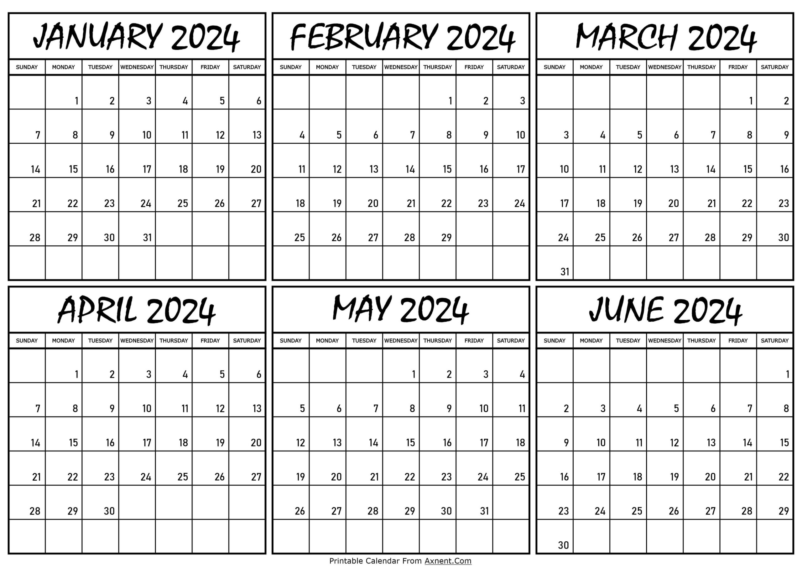 January To June 2024 Calendar Templates - Six Months for Calendar 2024 Printable 6 Months
