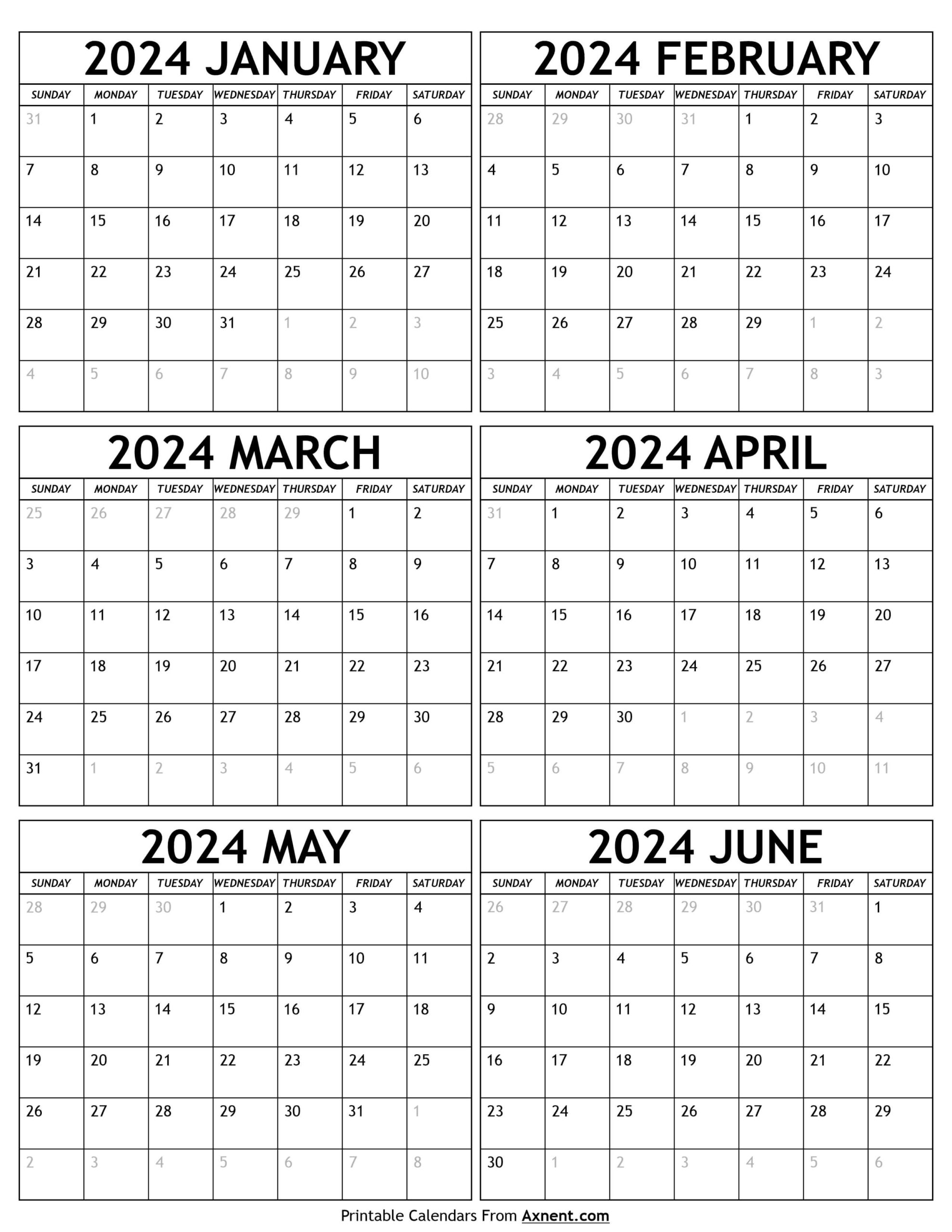 January To June 2024 Calendar Templates - Six Months for January - June 2024 Printable Calendar