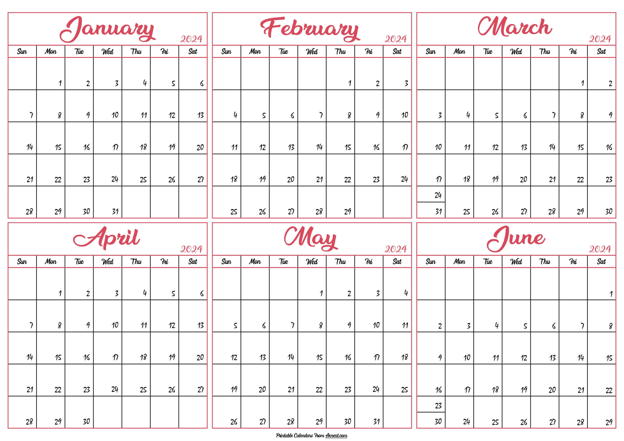 January To June 2024 Calendar Templates - Six Months for Printable Six Month Calendar 2024