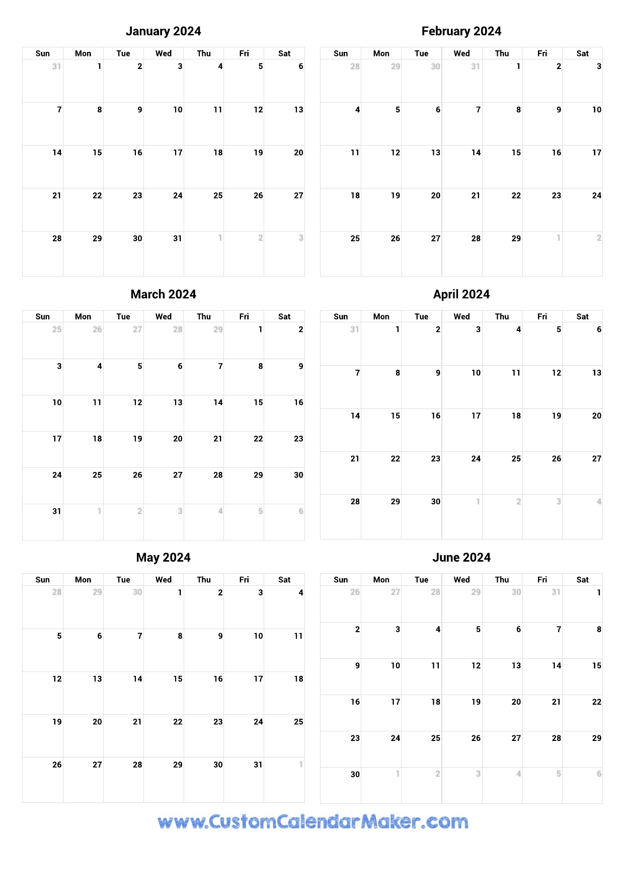 January To June 2024 Printable Calendar for January - June 2024 Printable Calendar