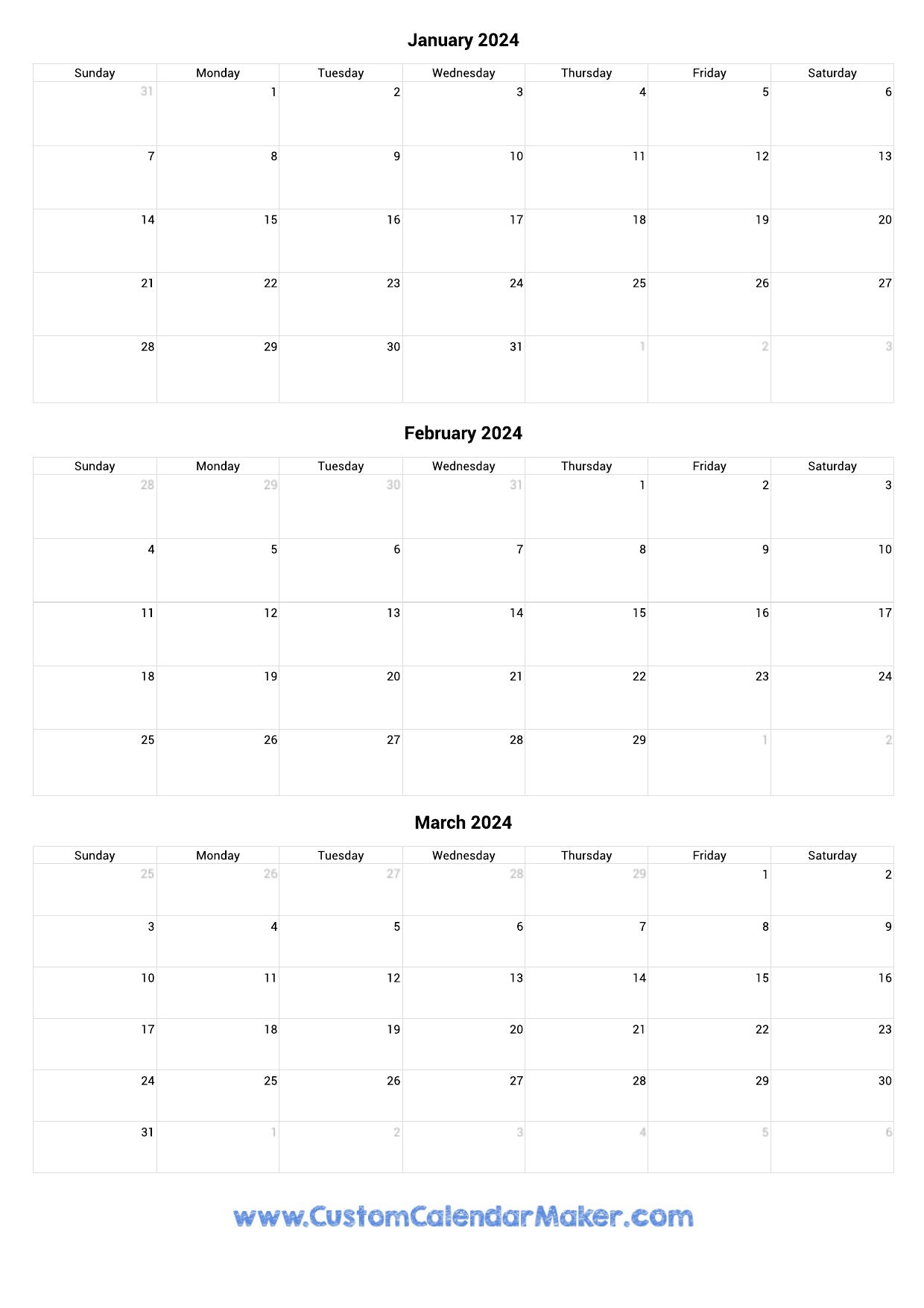 January To March 2024 Calendar Printable for 3 Month Calendar 2024 Printable