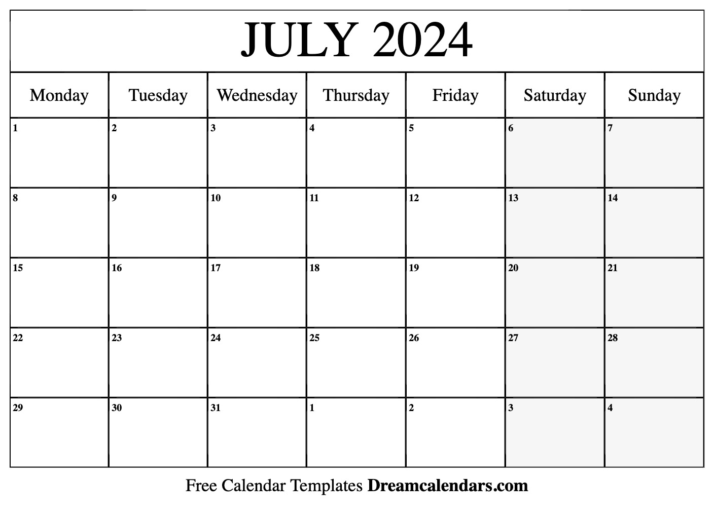 July 2024 Calendar | Free Blank Printable With Holidays for July 2024 Monthly Calendar Printable