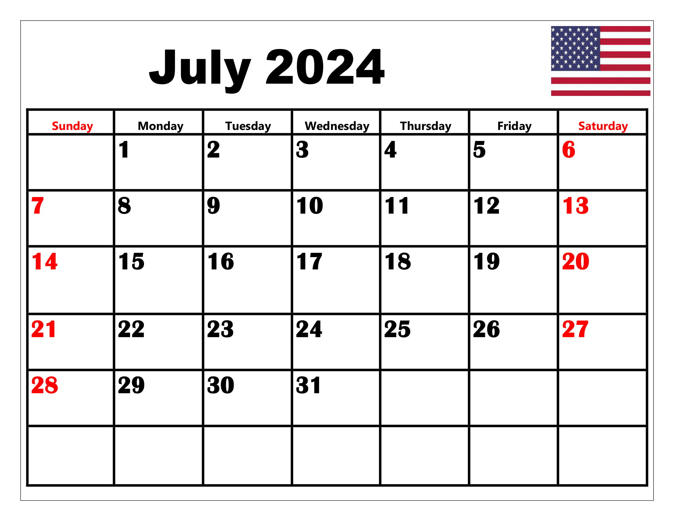 July 2024 Calendar Printable Pdf With Holidays Free Template for Free July 2024 Calendar Printable