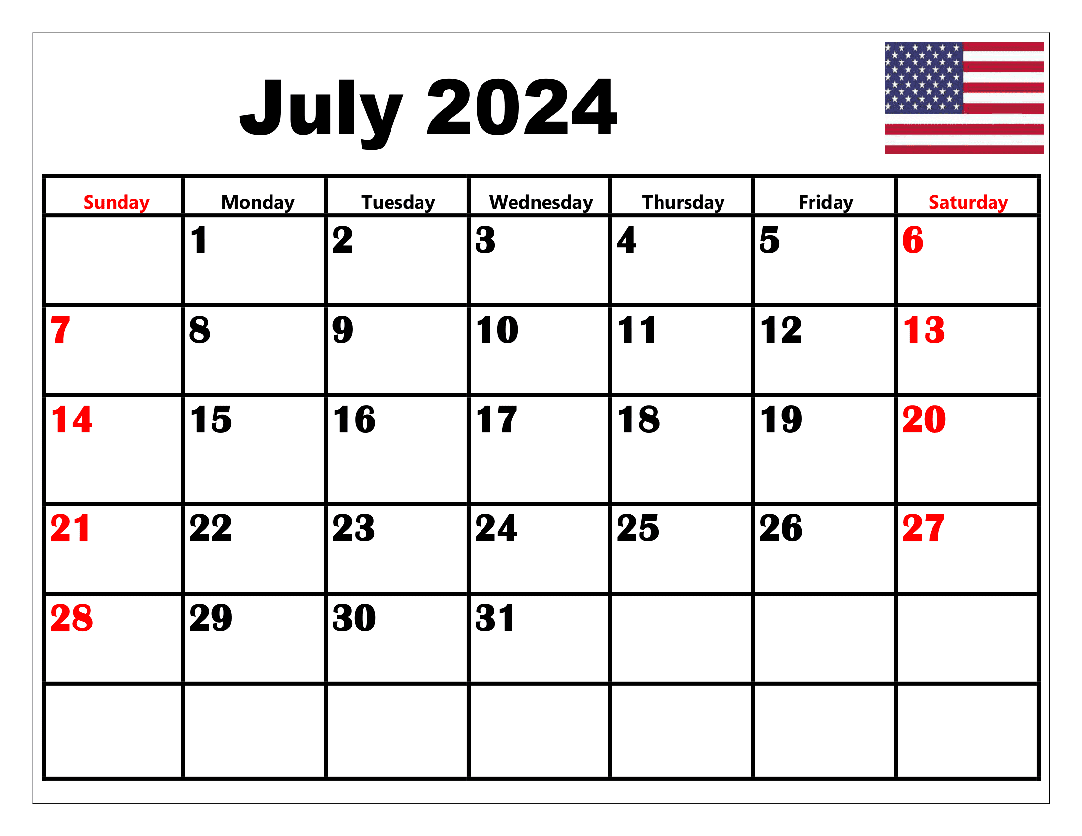 July 2024 Calendar Printable Pdf With Holidays Free Template for July 2024 Calendar With Holidays Printable Free