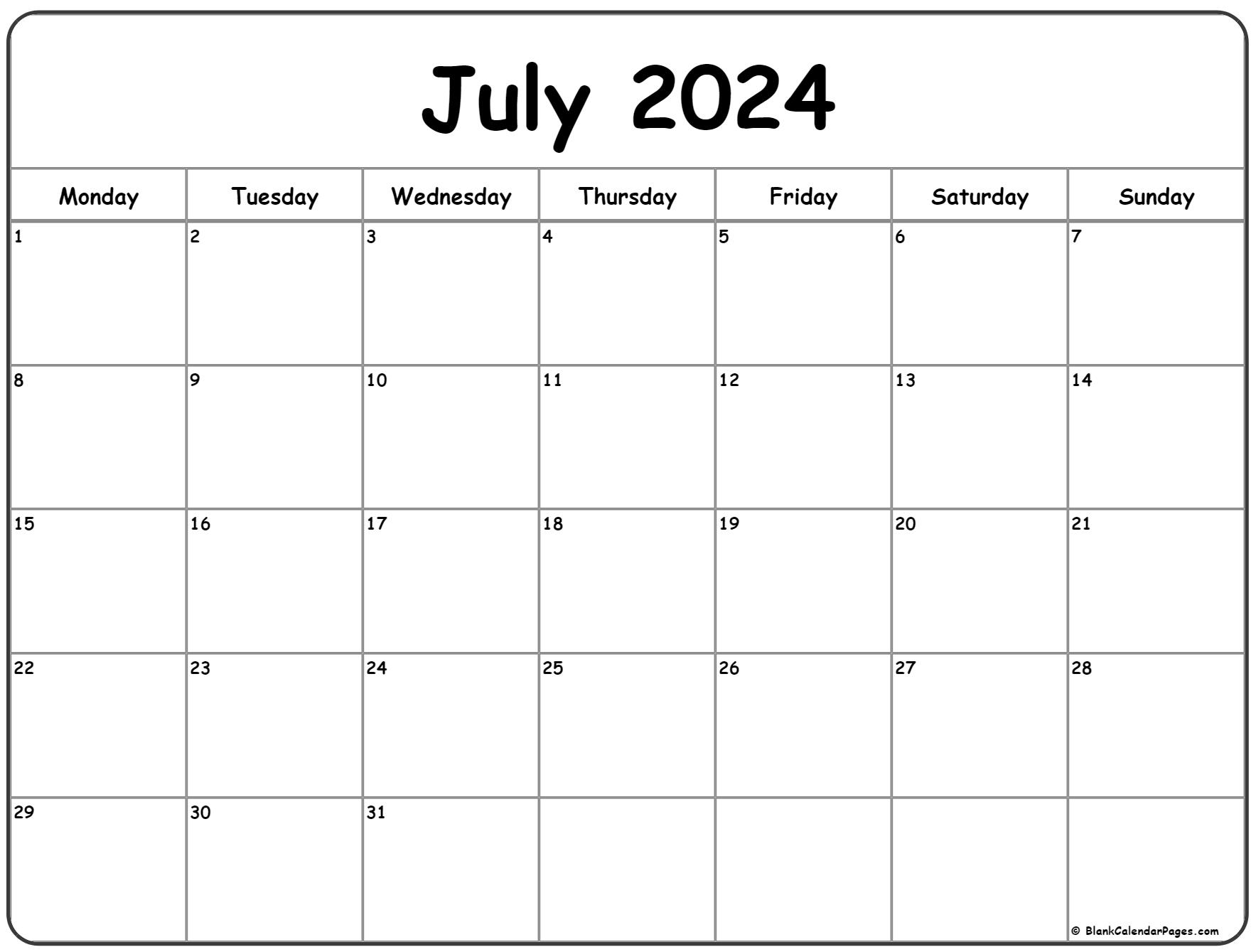 July 2024 Monday Calendar | Monday To Sunday for 2024 Calendar Printable July