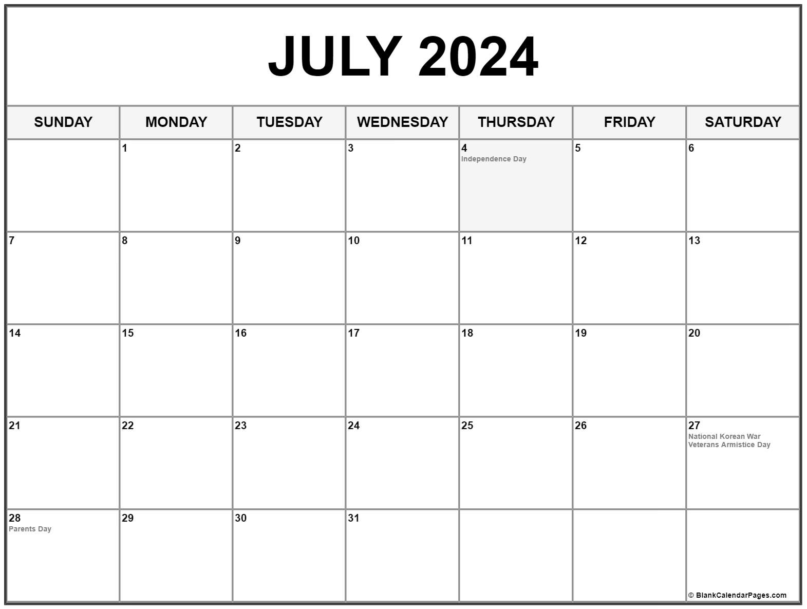 July 2024 With Holidays Calendar for Free Printable July 2024 Calendar With Holidays