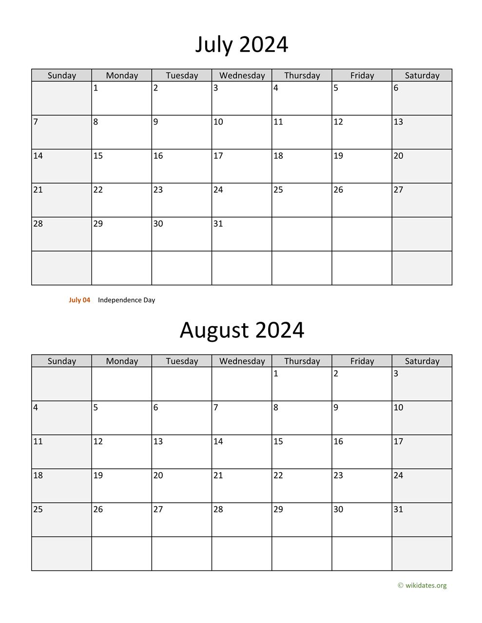 July And August 2024 Calendar | Wikidates for Free Printable Calendar 2024 July And August