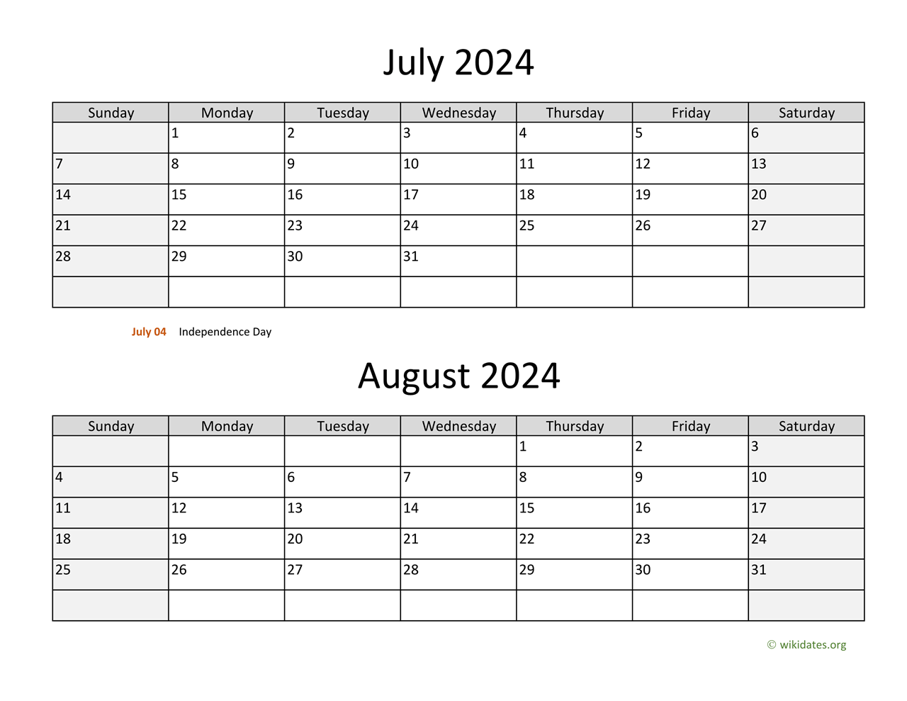 July And August 2024 Calendar | Wikidates for Free Printable July And August 2024 Calendar