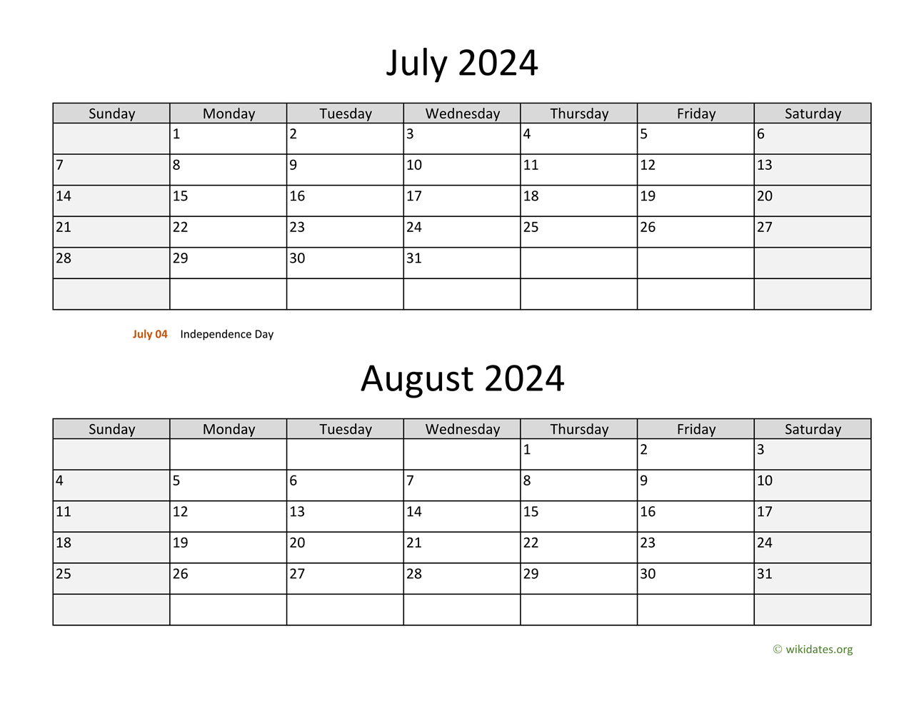 July And August 2024 Calendar | Wikidates for July August Printable Calendar 2024