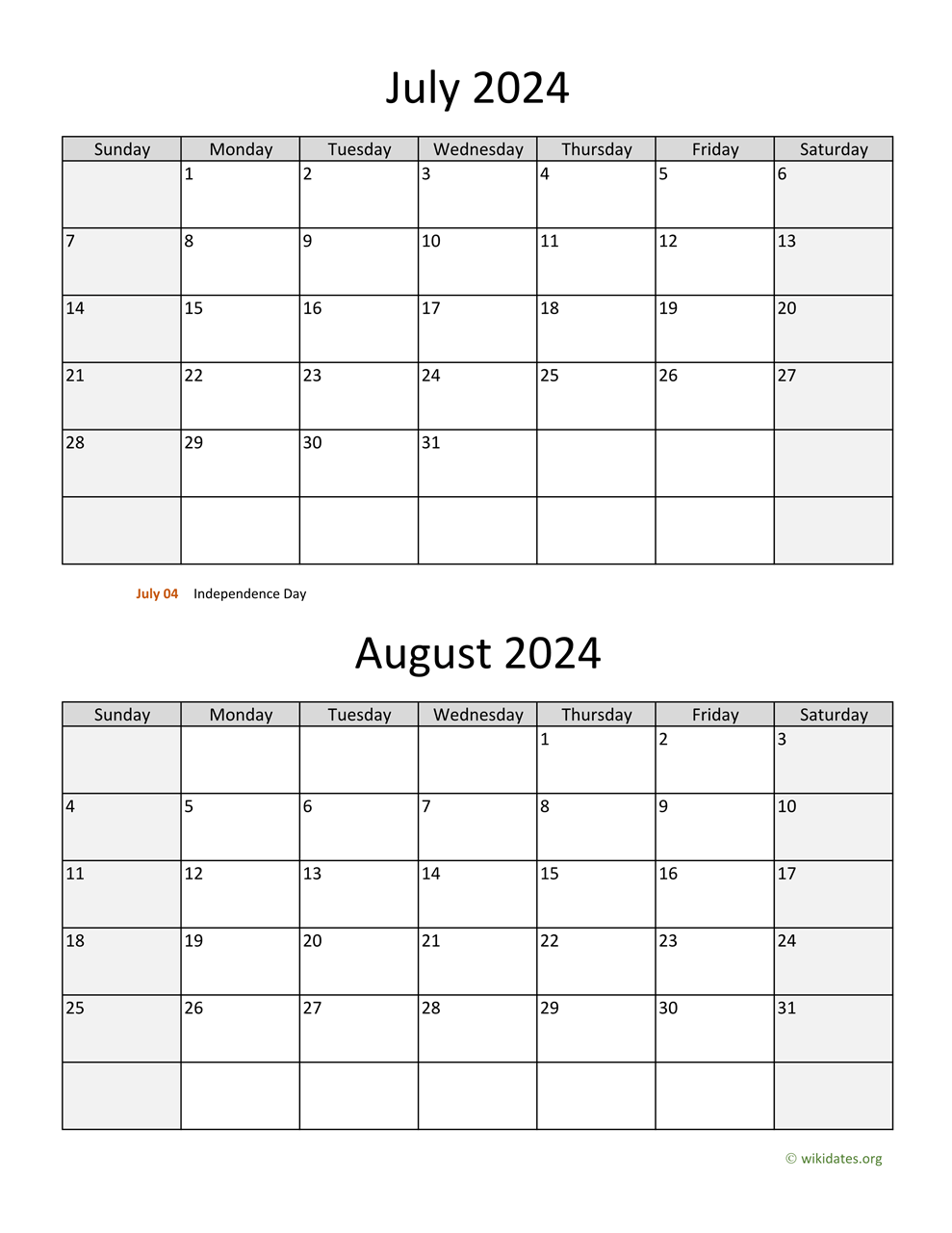 July And August 2024 Calendar | Wikidates for Printable Calendar July And August 2024