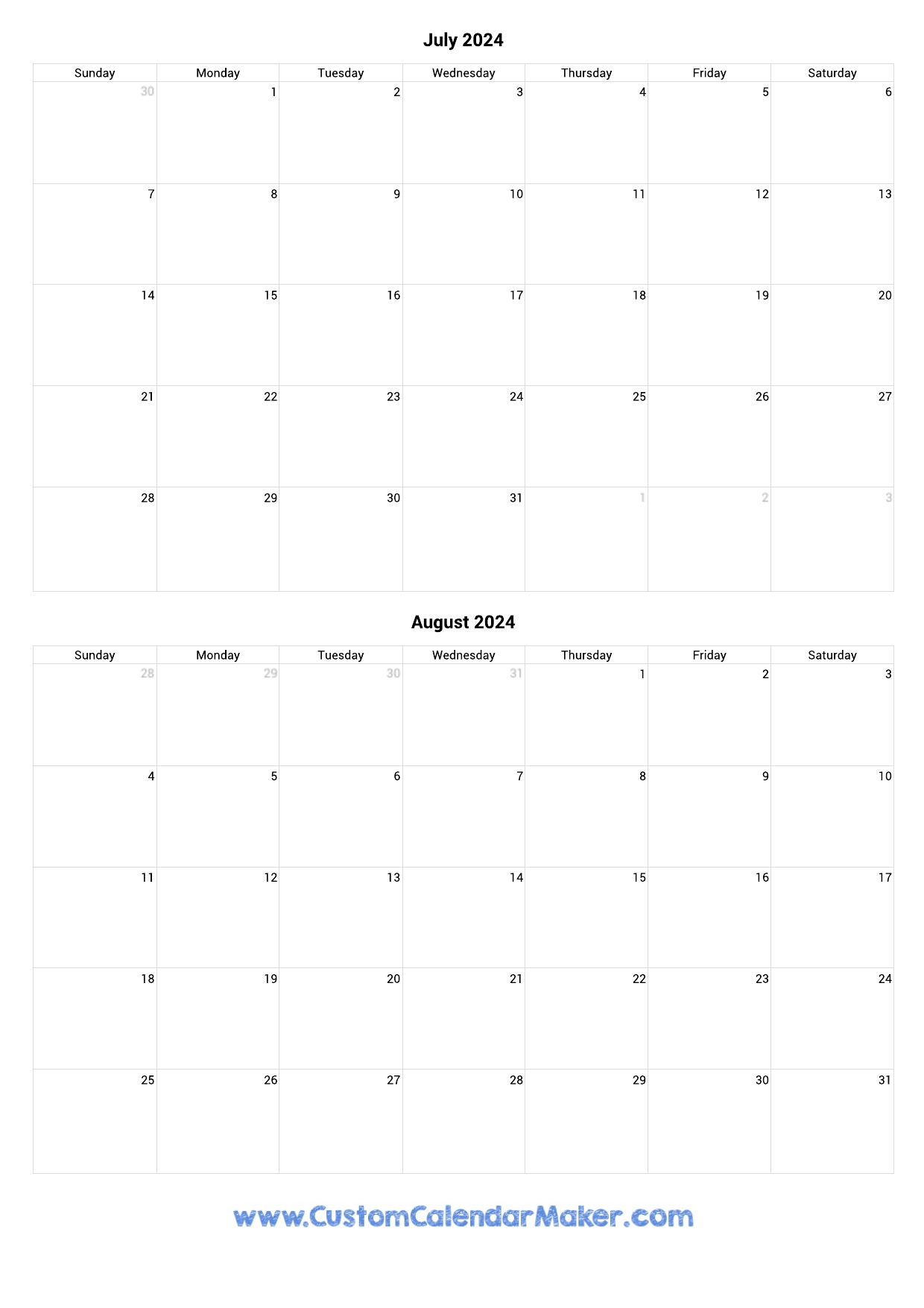 July And August 2024 Printable Calendar Template for Calendar June July August 2024 Printable