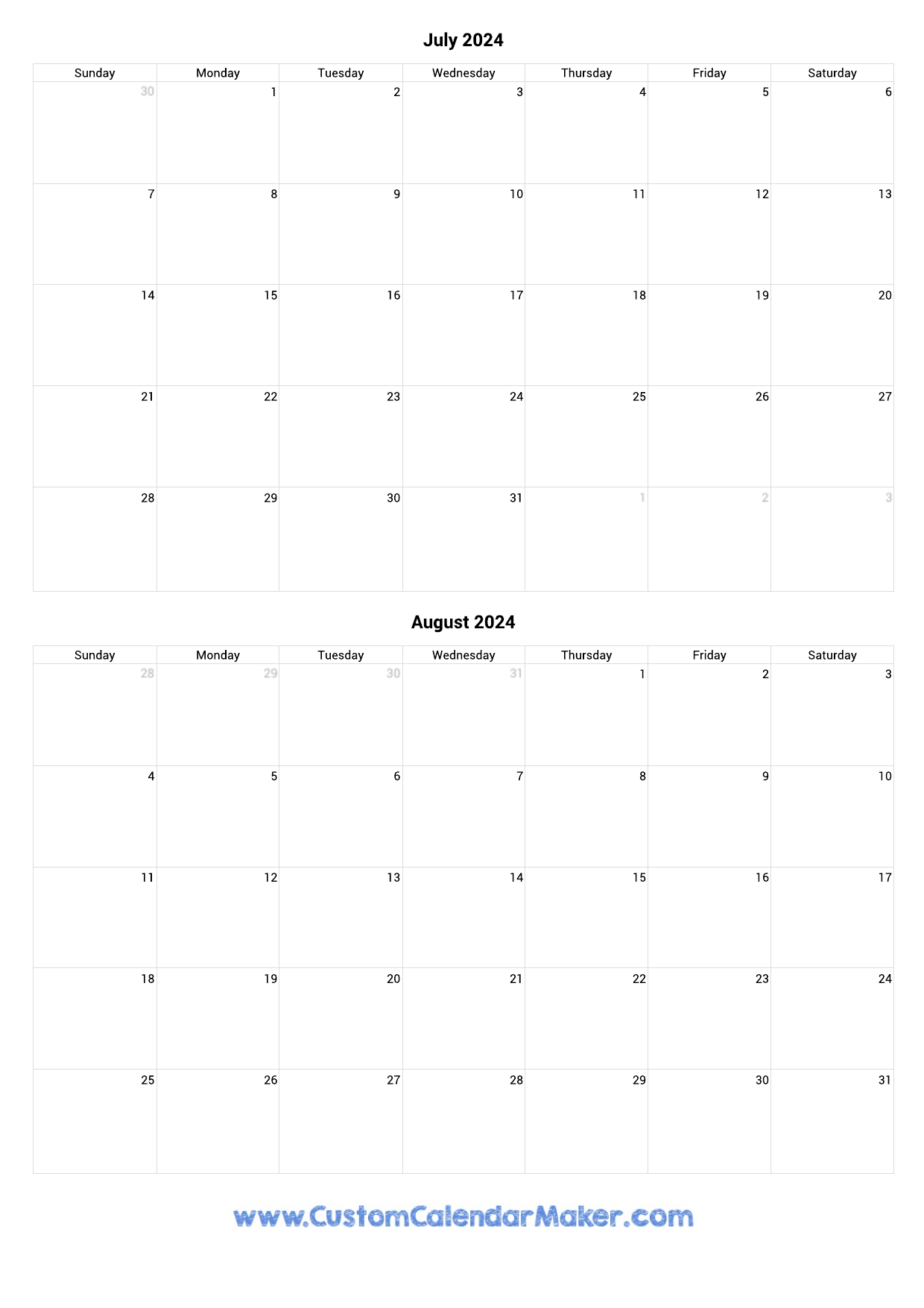 July And August 2024 Printable Calendar Template for Printable Calendar For July And August 2024