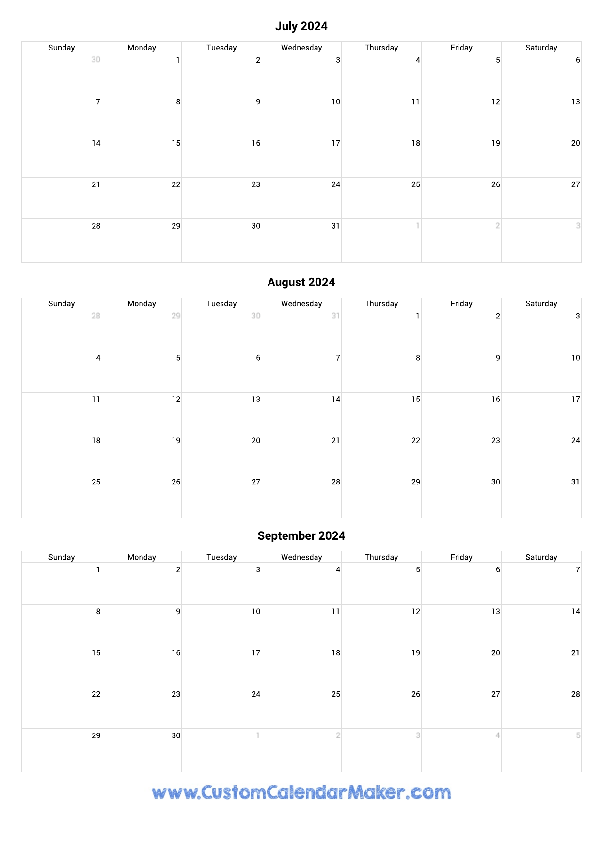 July To September 2024 Calendar Printable for June July August September 2024 Calendar Printable