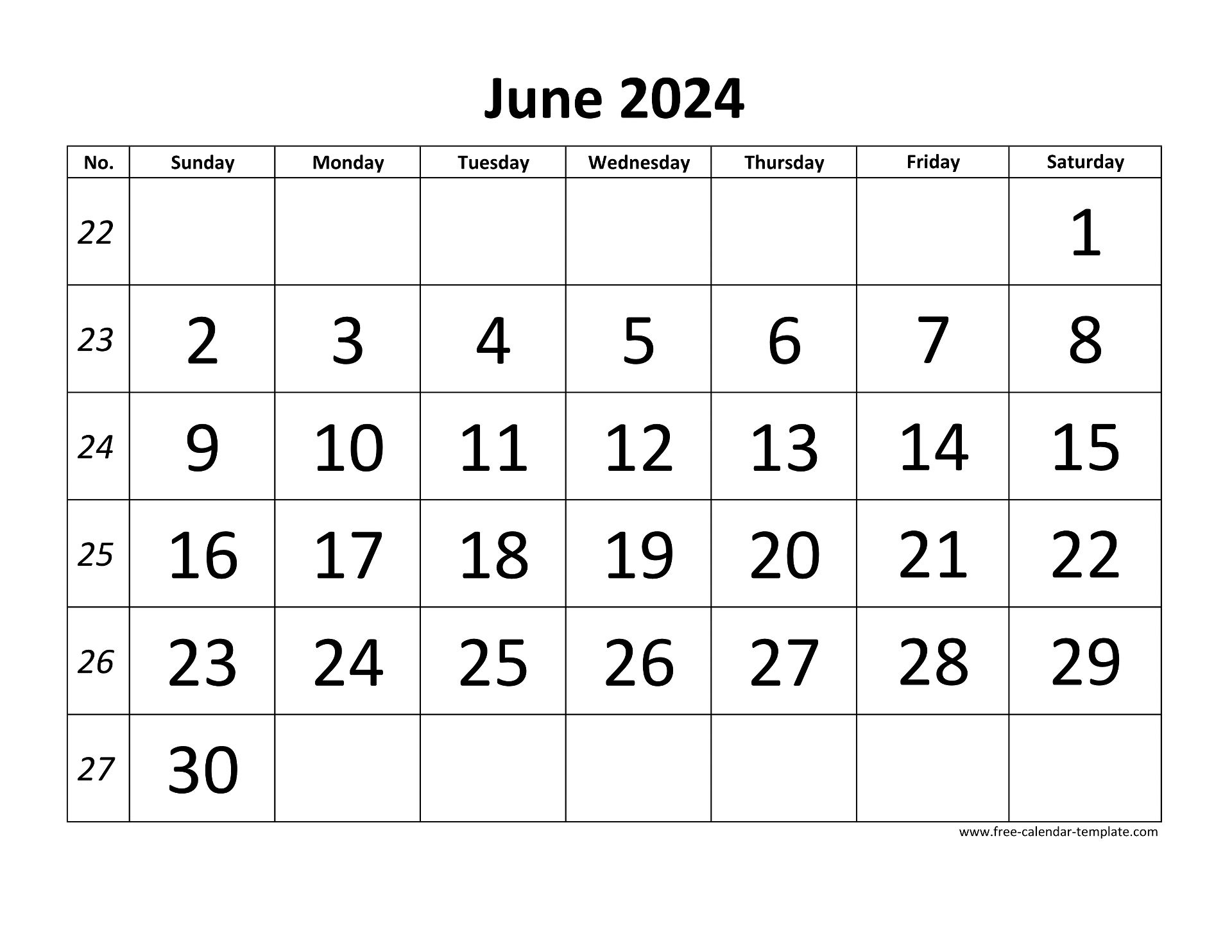 June 2024 Calendar Designed With Large Font (Horizontal) | Free for Large Printable June 2024 Calendar
