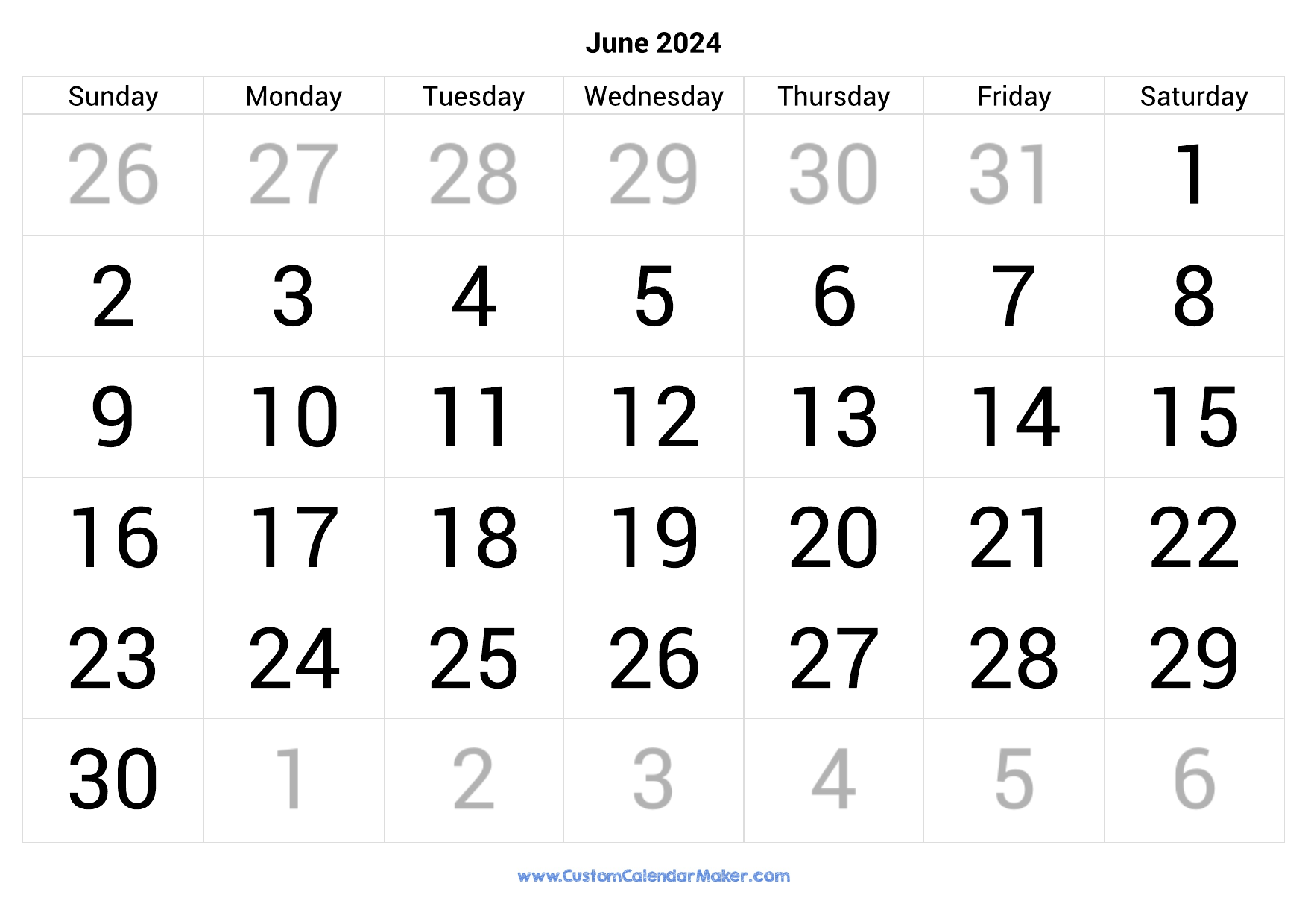 June 2024 Calendar Printable With Large Numbers for Large Printable June 2024 Calendar