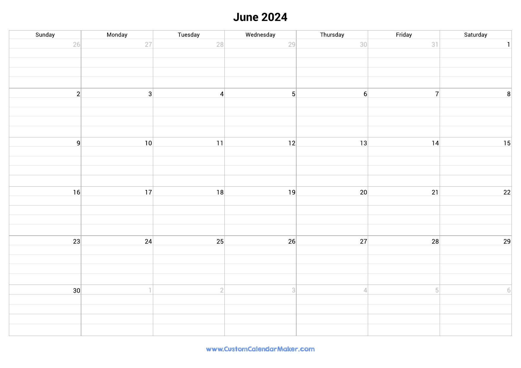 June 2024 Fillable Calendar Grid With Lines for June 2024 Printable Calendar With Lines