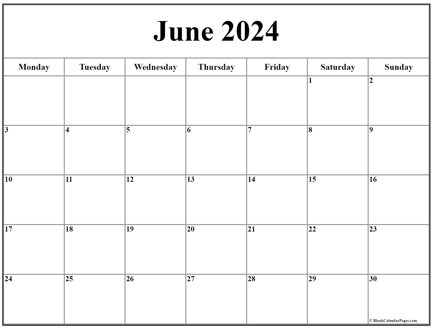 June 2024 Monday Calendar | Monday To Sunday for June Blank Calendar 2024 Printable