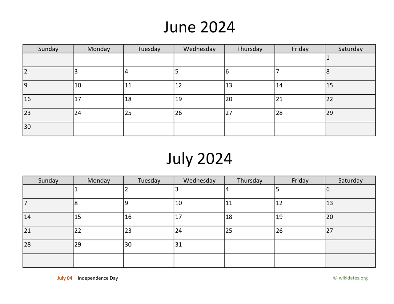 June And July 2024 Calendar | Wikidates for Calendar June And July 2024 Printable