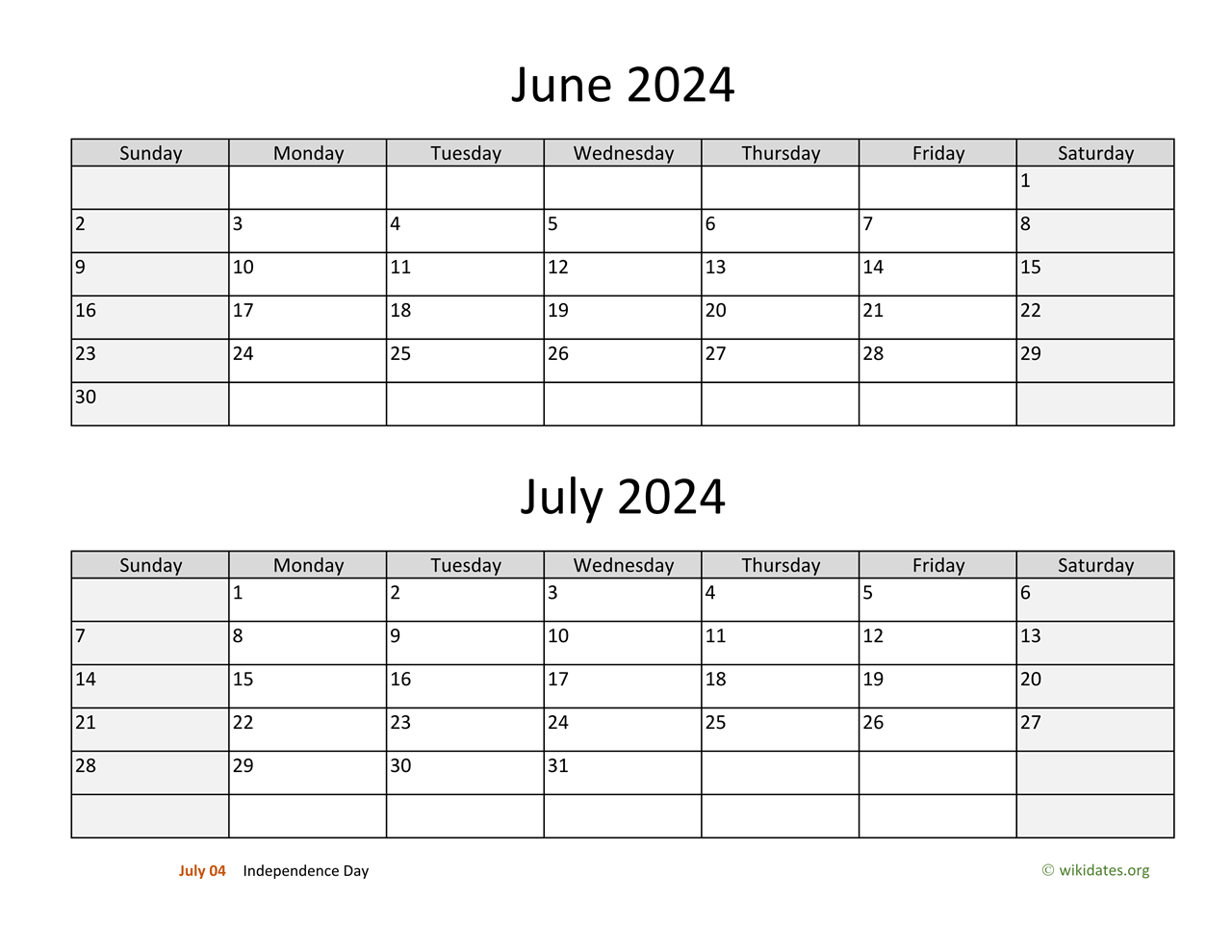 June And July 2024 Calendar | Wikidates for June And July Calendar 2024 Printable