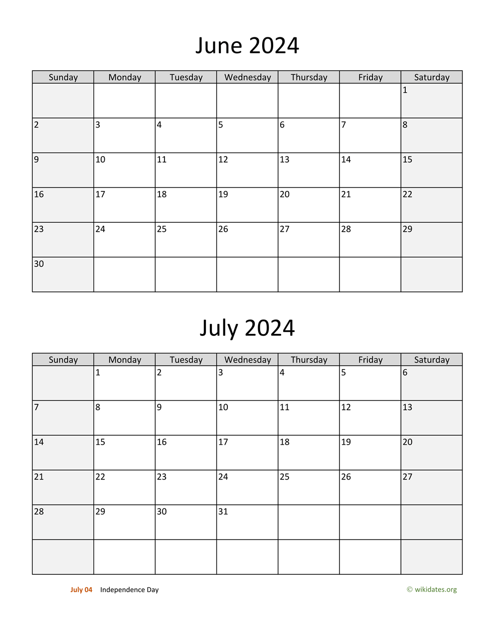 June And July 2024 Calendar | Wikidates for June July 2024 Calendar Printable
