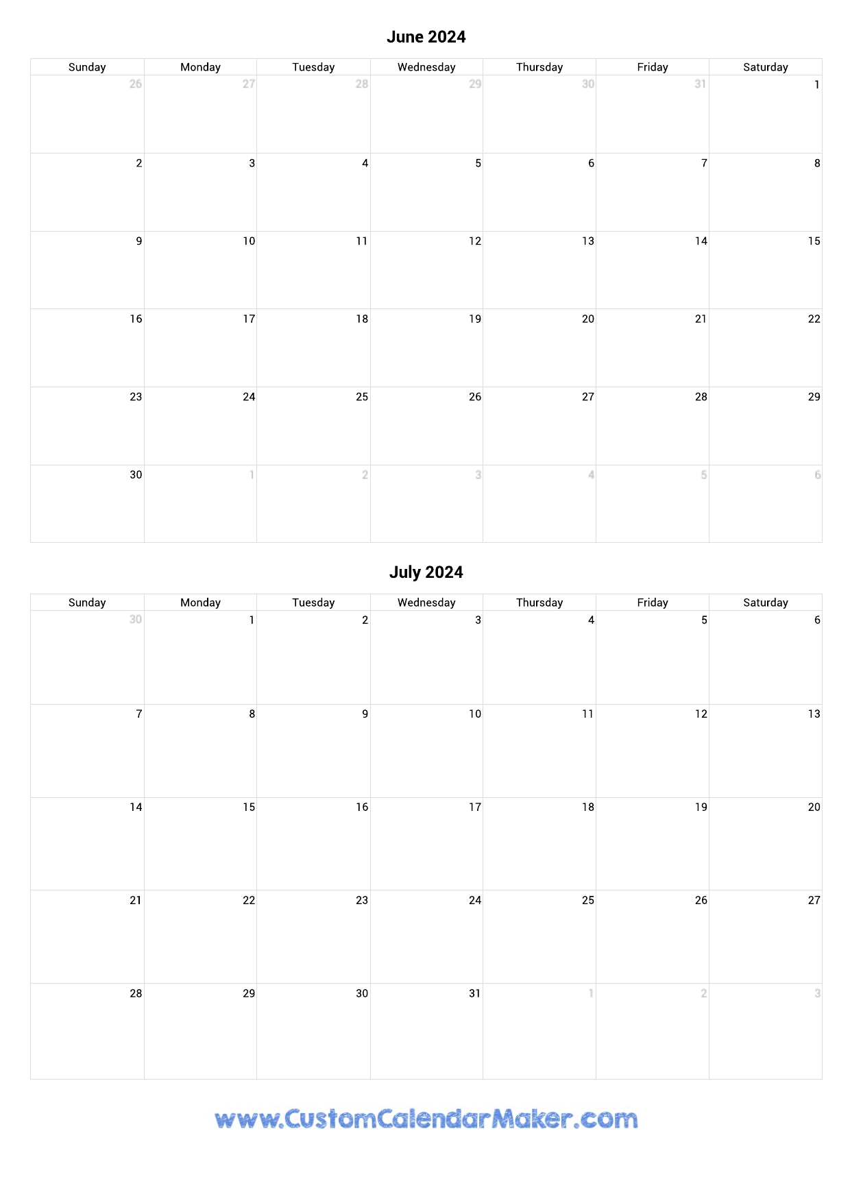 June And July 2024 Printable Calendar Template for Calendar June And July 2024 Printable