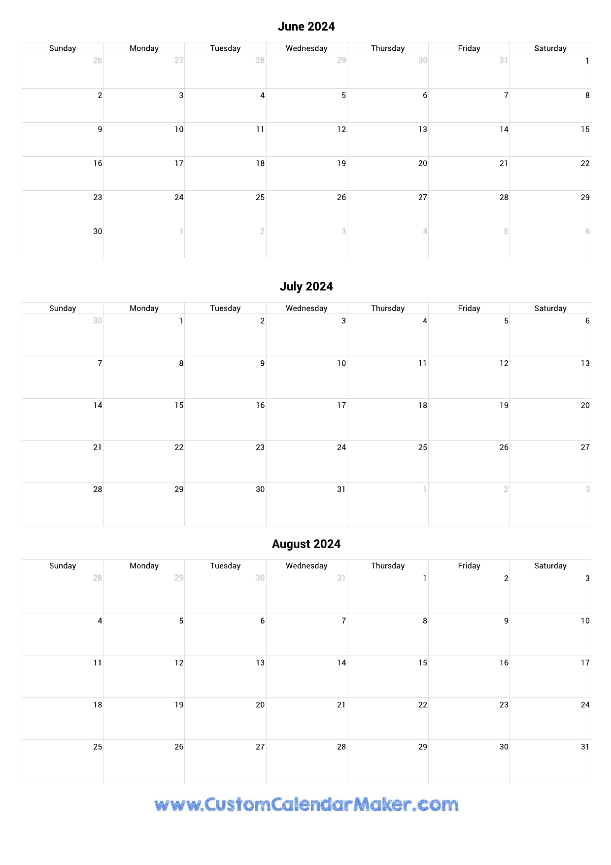 June To August 2024 Calendar Printable for Calendar June July August 2024 Printable