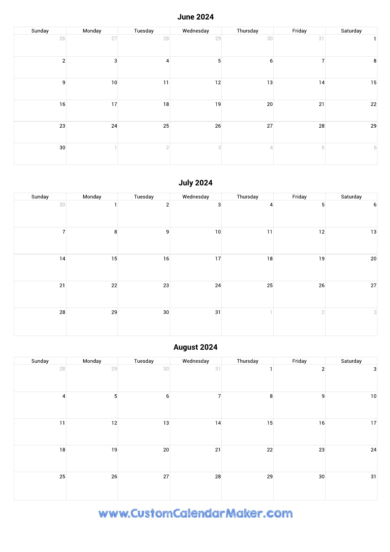 June To August 2024 Calendar Printable for Free Printable Calendar June July August 2024