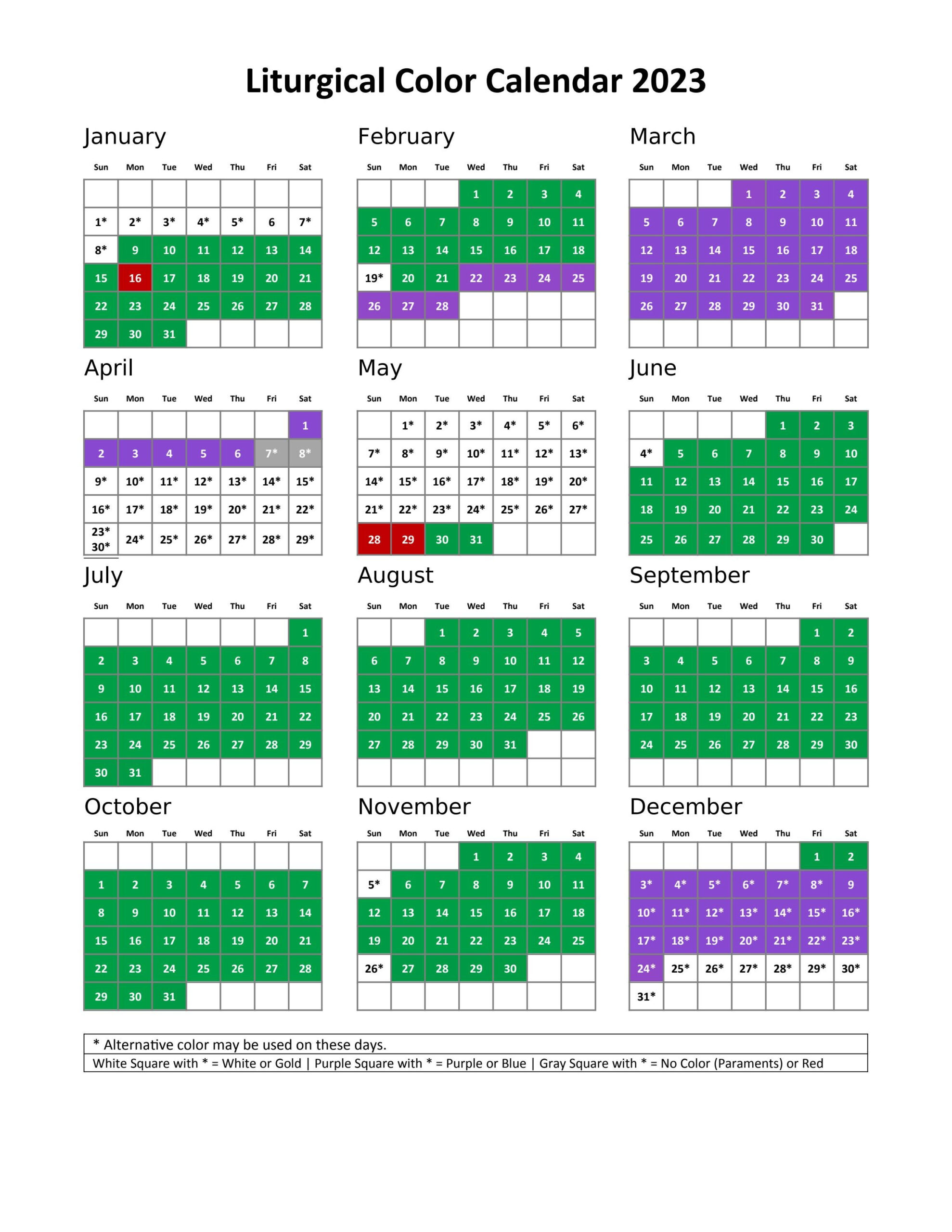 2024 Liturgical Color Calendar Printable Free 2024