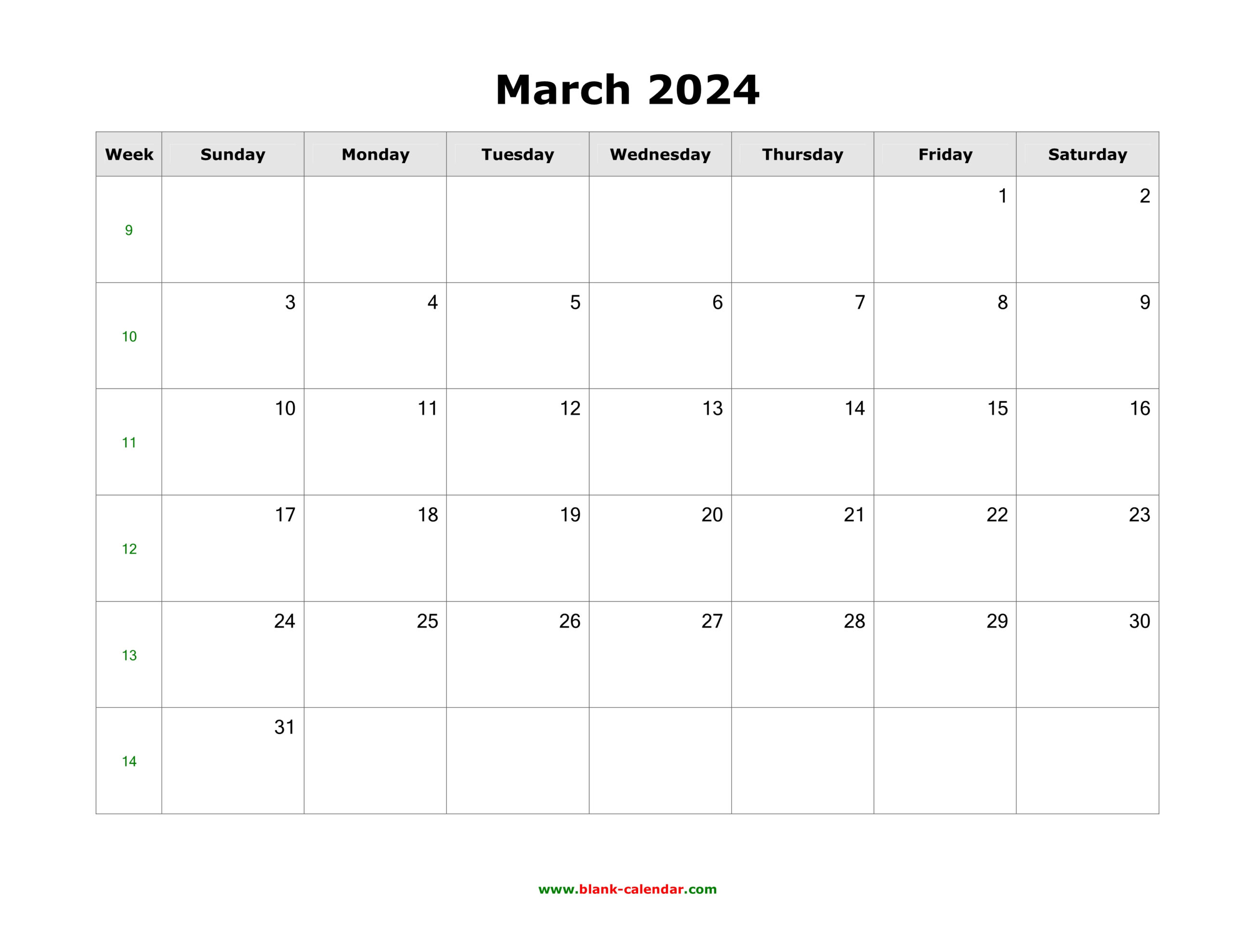 March 2024 Blank Calendar | Free Download Calendar Templates for Google Calendar March 2024 Printable