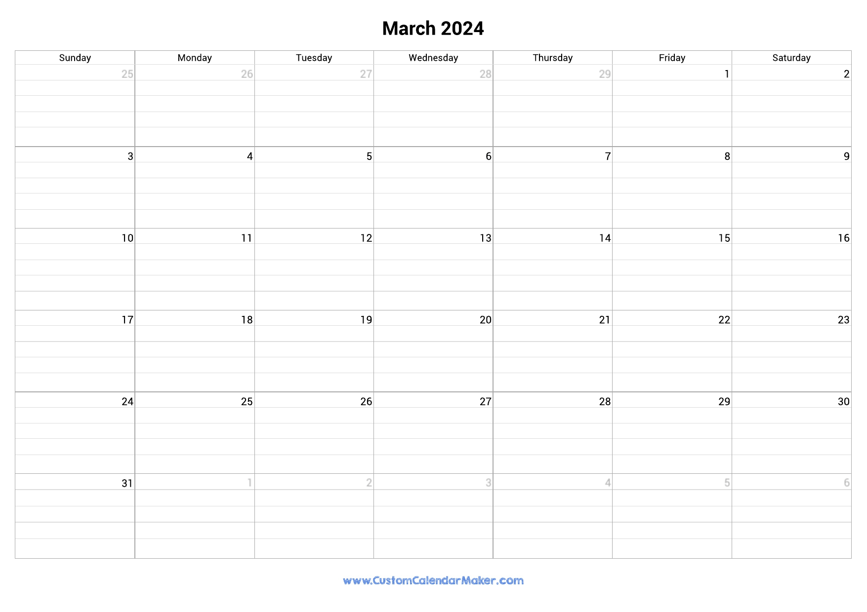 March 2024 Fillable Calendar Grid With Lines for March 2024 Printable Calendar With Lines