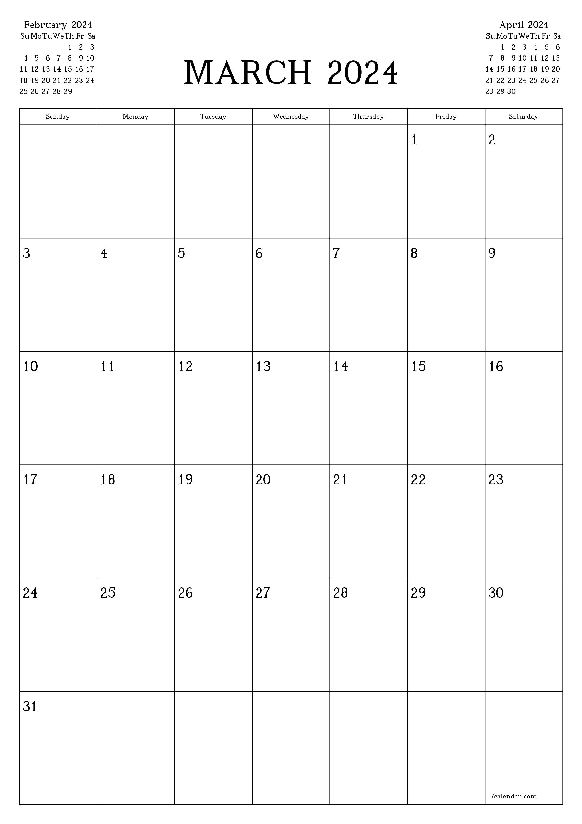 March 2024 Free Printable Calendars And Planners, Pdf Templates for March 2024 Calendar Printable Portrait