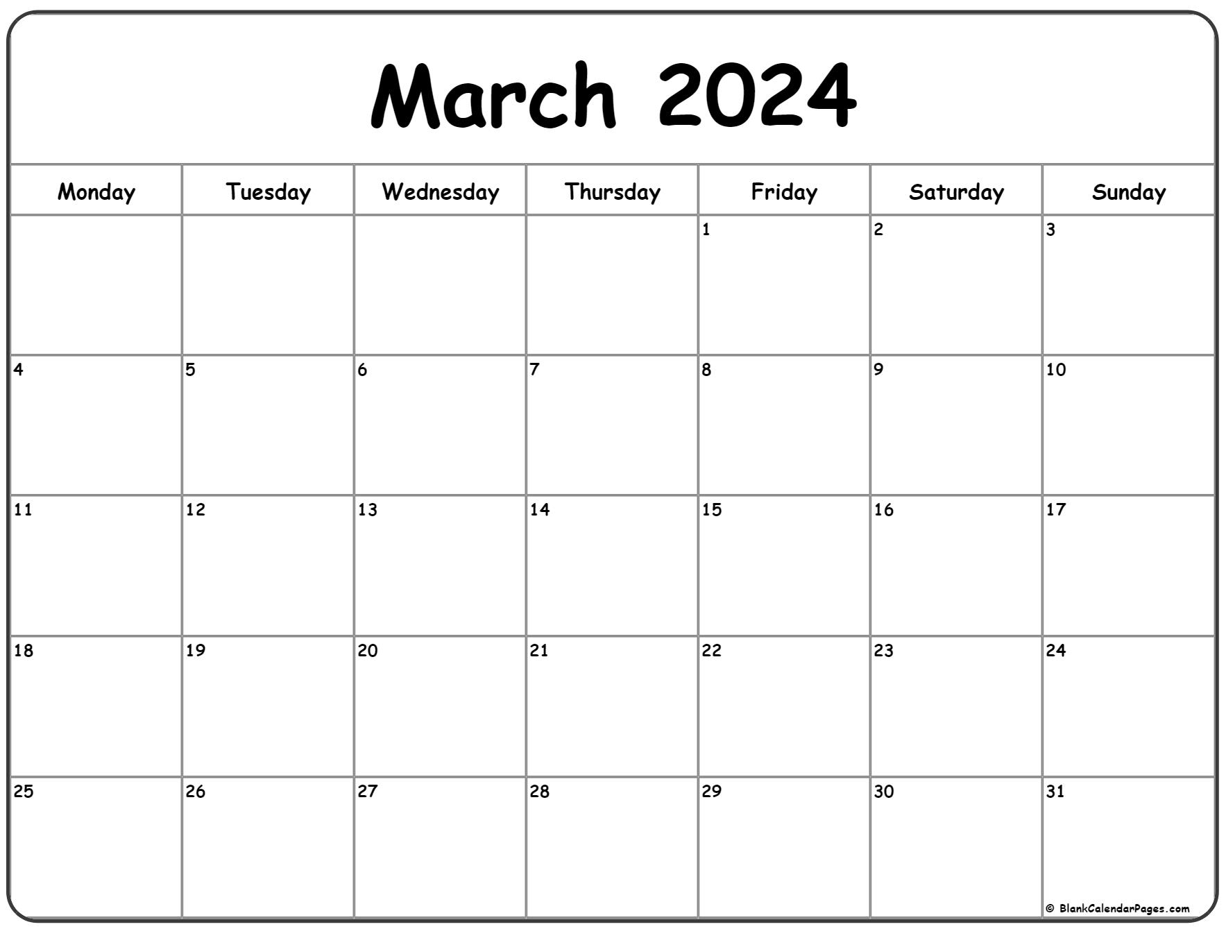 March 2024 Monday Calendar | Monday To Sunday for 2024 Calendar March Printable