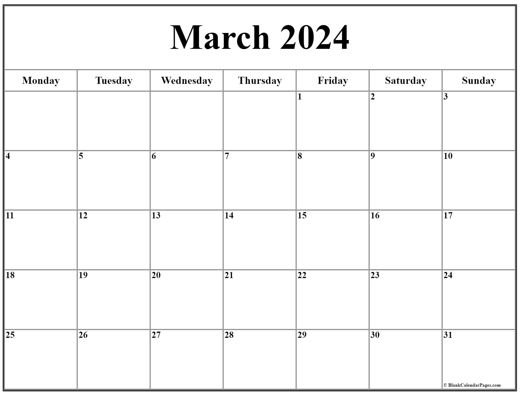 March 2024 Monday Calendar | Monday To Sunday for March 2024 Calendar Printable Monday Start