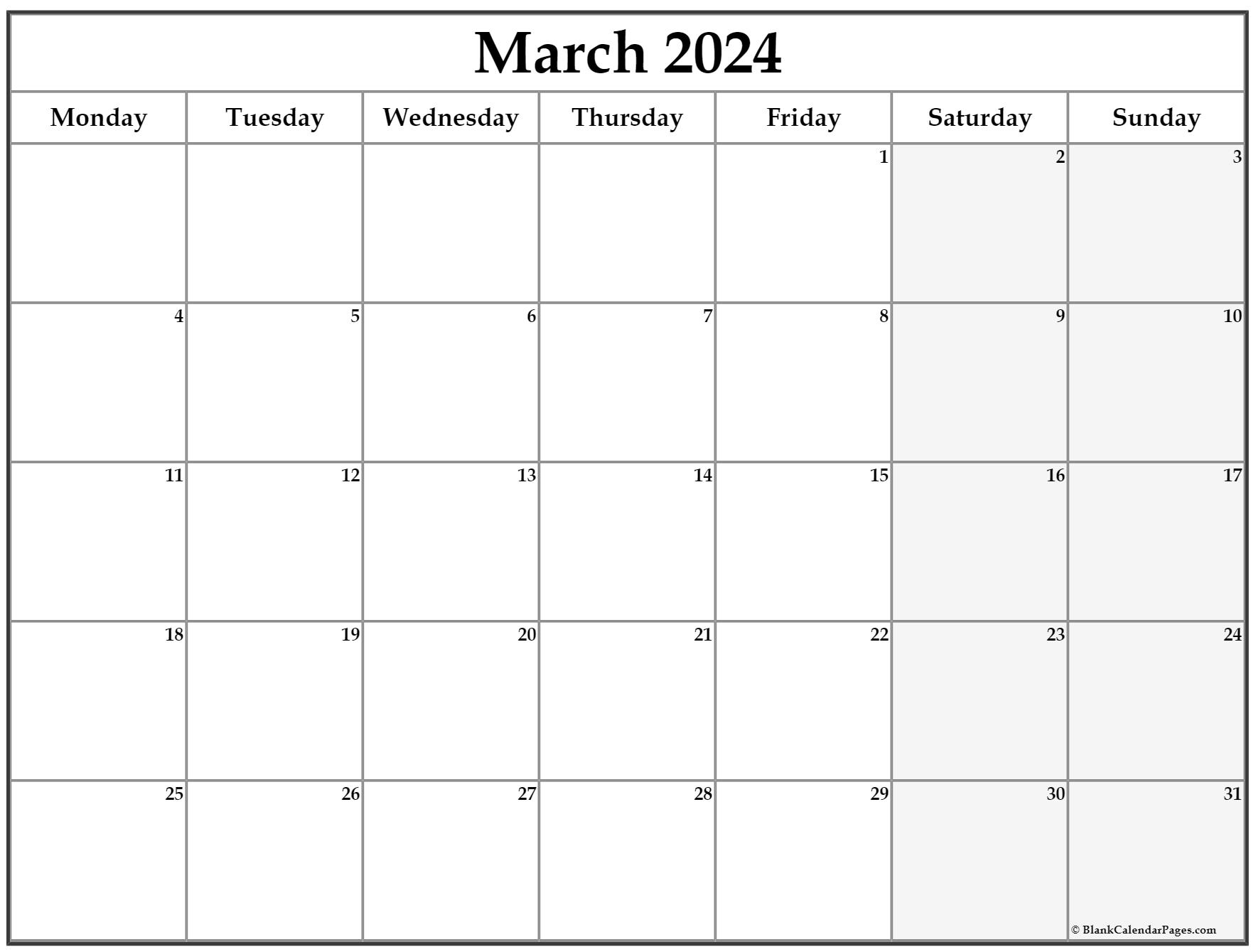 March 2024 Monday Calendar | Monday To Sunday for March 2024 Calendar Printable Monday Start