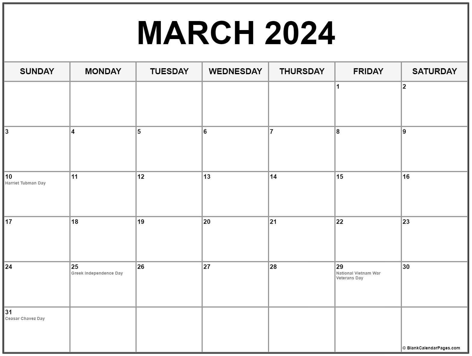 March 2024 With Holidays Calendar for Free Printable Calendar March 2024 With Holidays