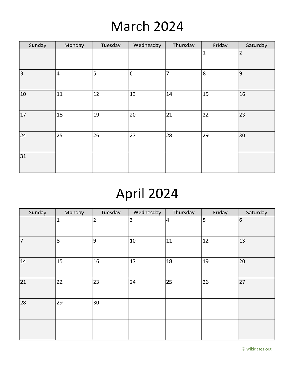 March And April 2024 Calendar | Wikidates for Calendar 2024 March And April Printable