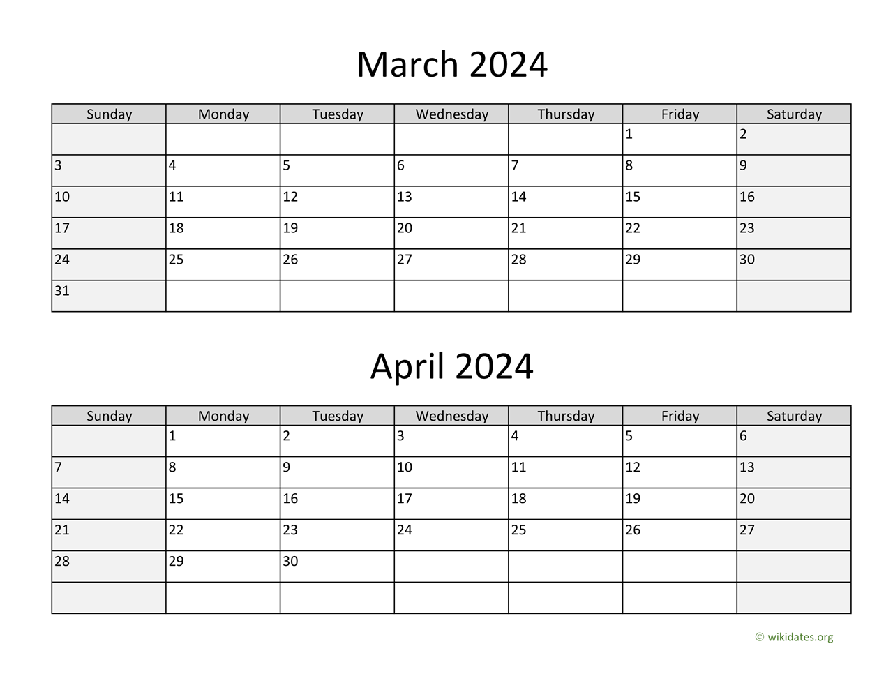 March And April 2024 Calendar | Wikidates for Free Printable Calendar March April 2024